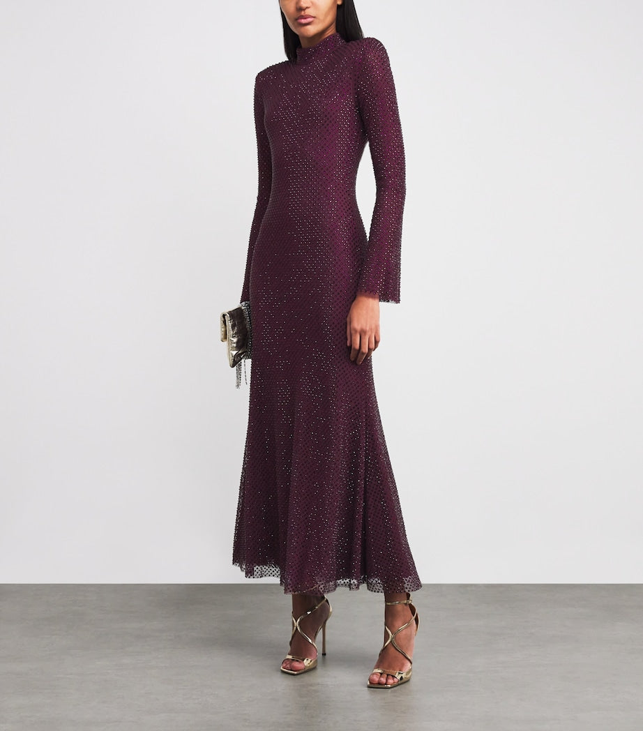 Self-Portrait Burgundy Rhinestone-Embellished Maxi Dress