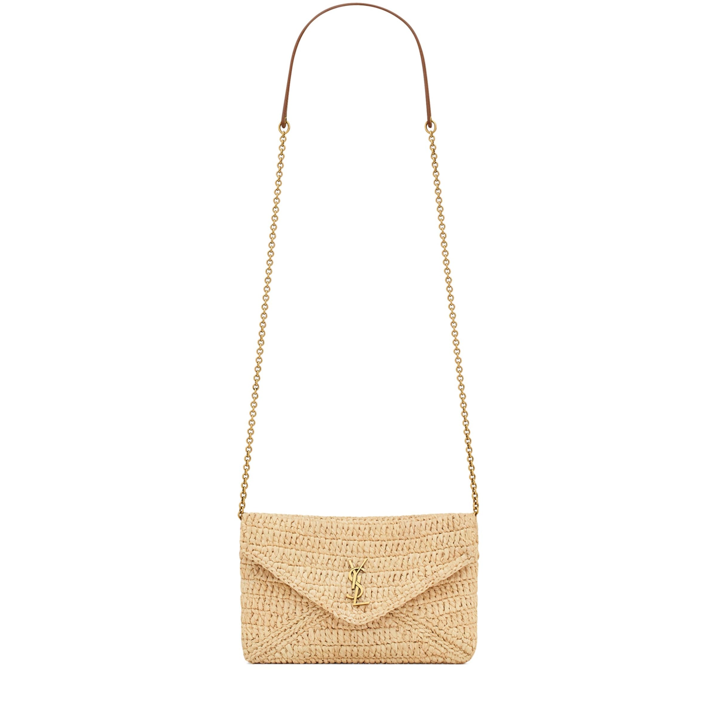Saint Laurent Beige Raffia Cassandre Pouch on Chain
