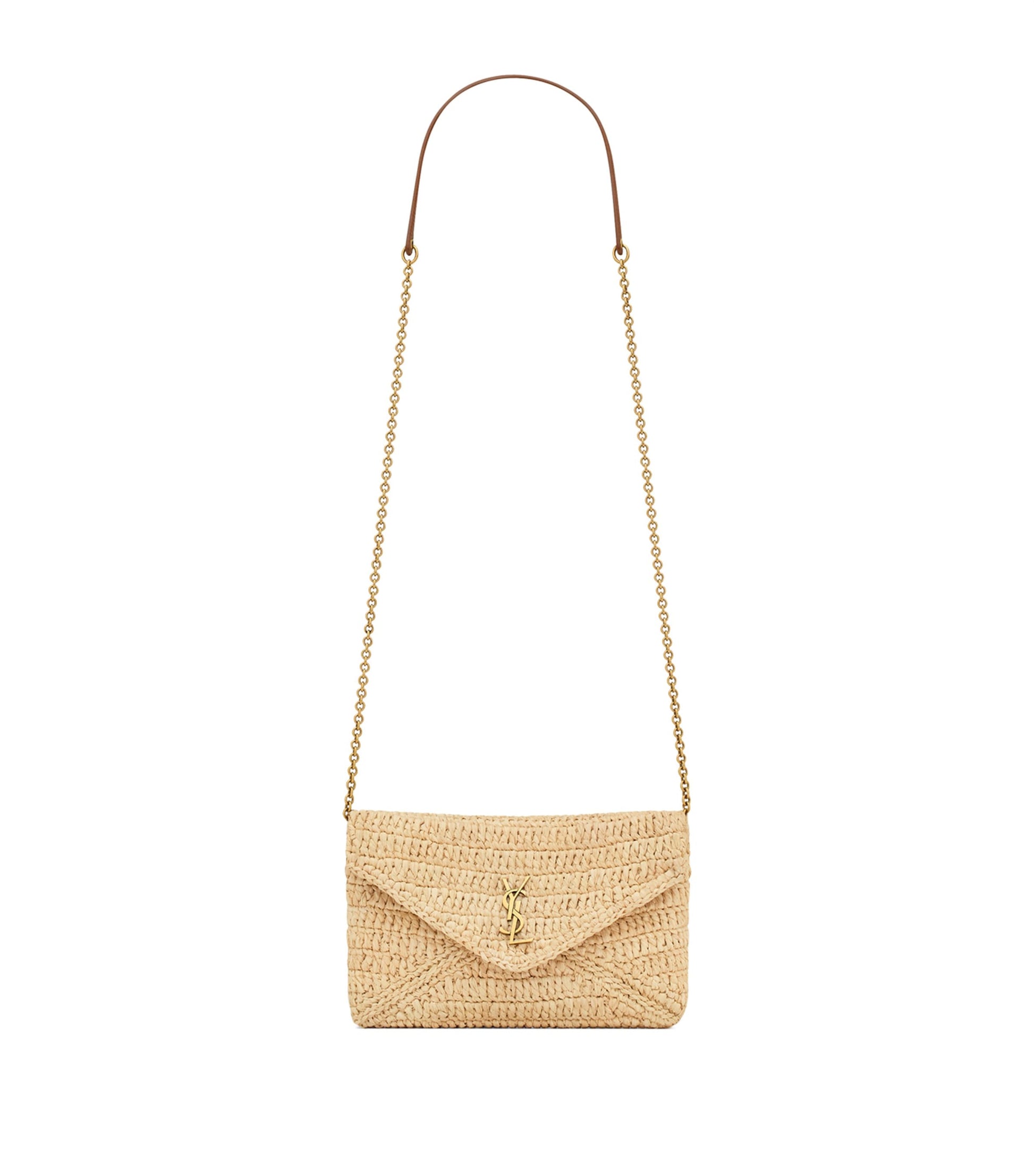 Saint Laurent Beige Raffia Cassandre Pouch on Chain