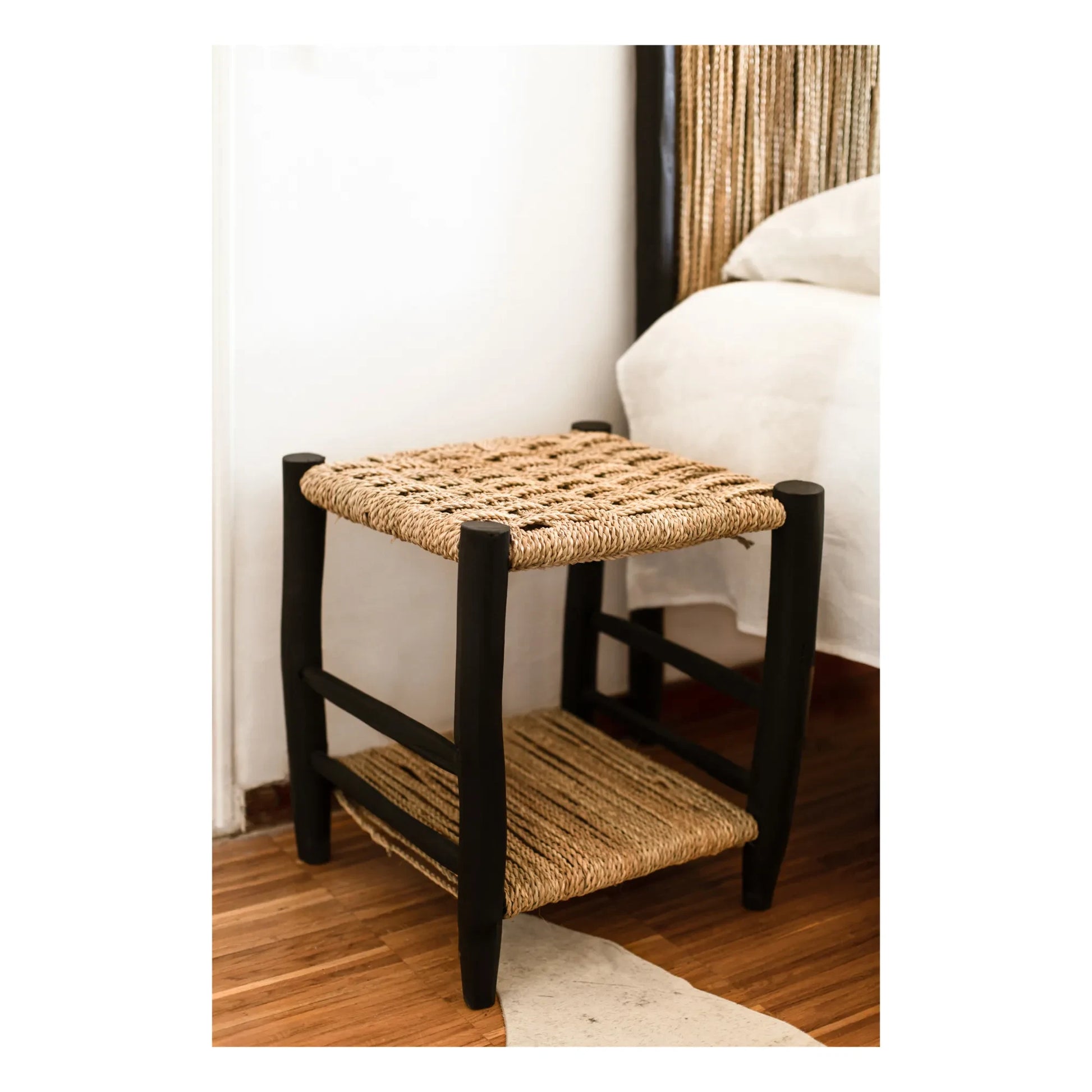 Cosydar - Palm Leaf and Painted Wood Bedside Table | Black