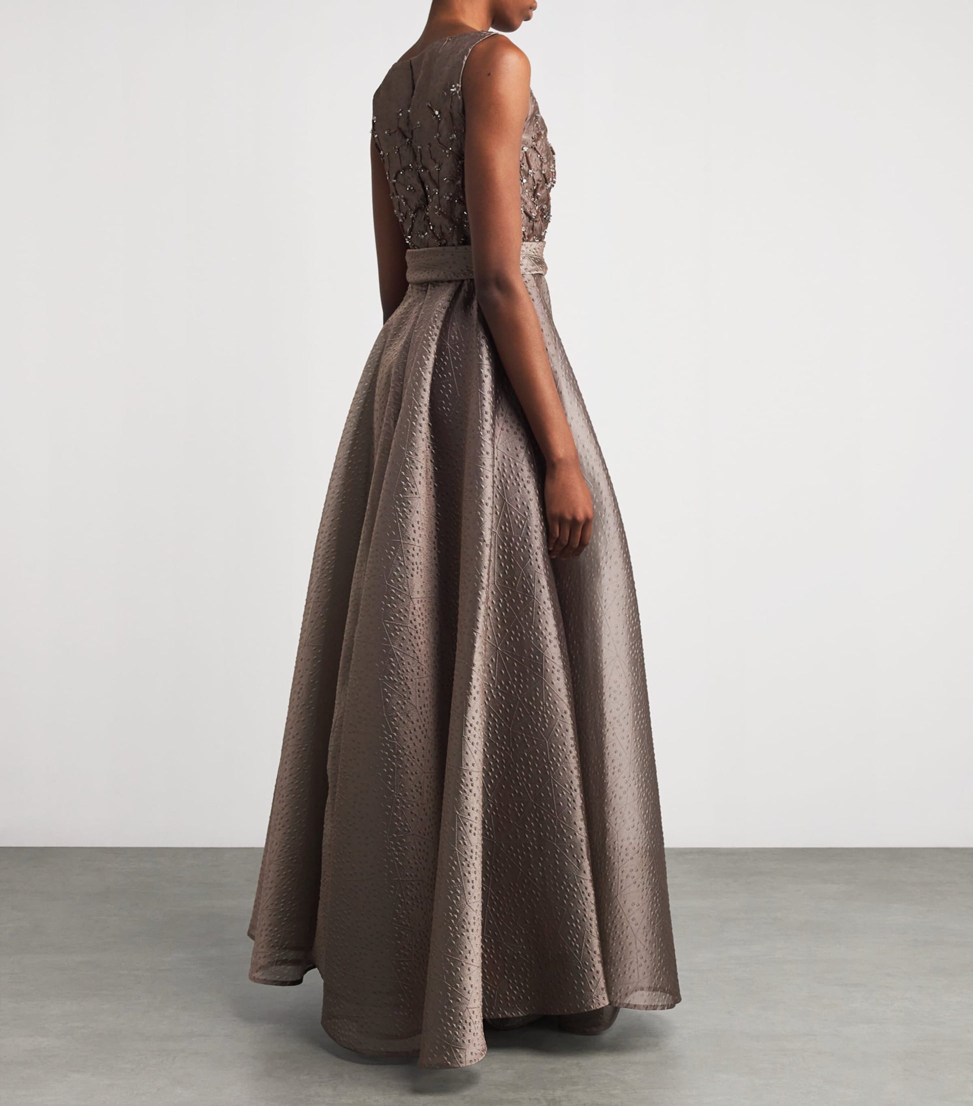 Talbot Runhof Brown Rivet Organza Embroidered Gown