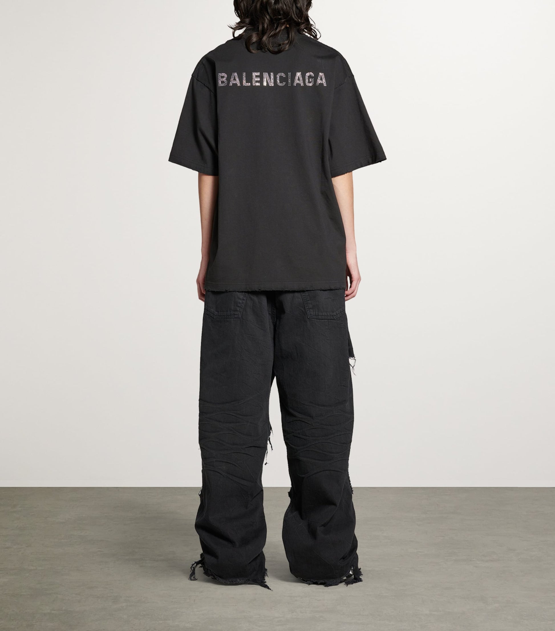 Balenciaga Black Distressed Rhinestone-Logo T-Shirt