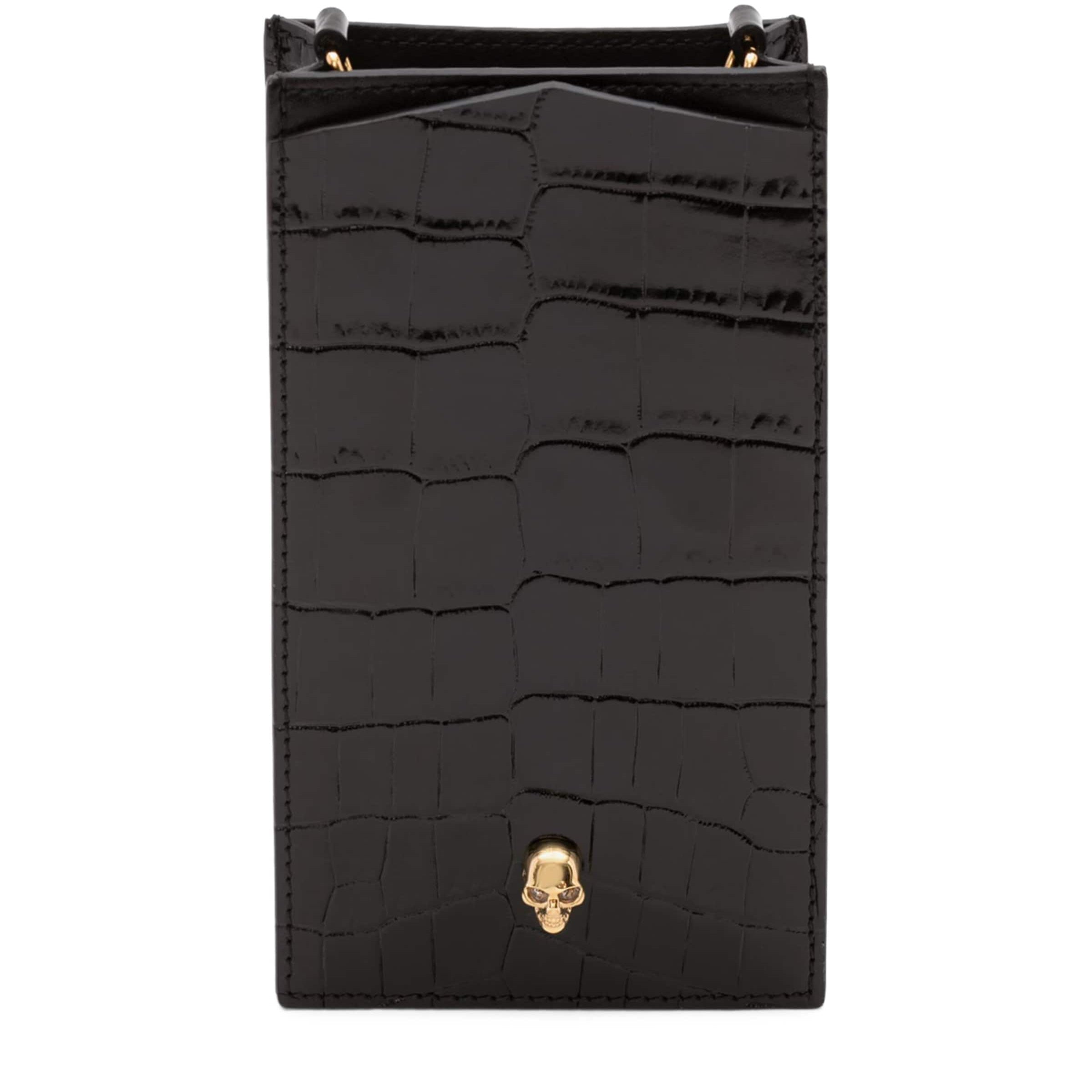 McQueen Skull-embellished croc-embossed leather phone case