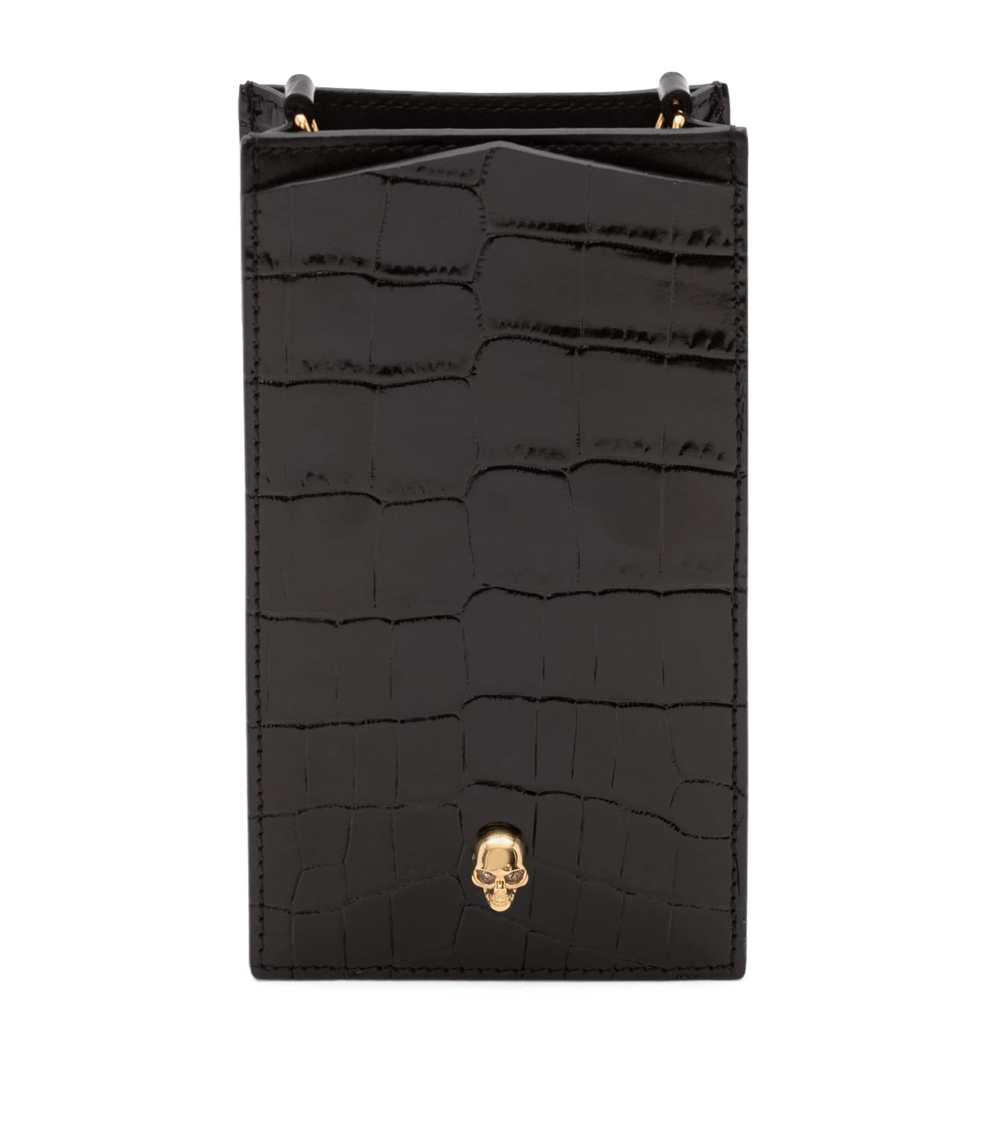 McQueen Skull-embellished croc-embossed leather phone case