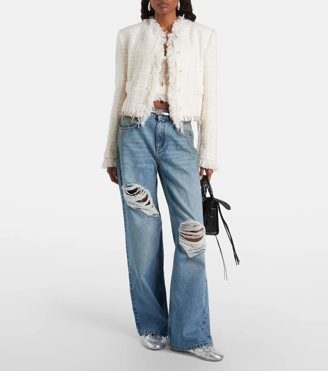 Area - Distressed embellished wide-leg jeans