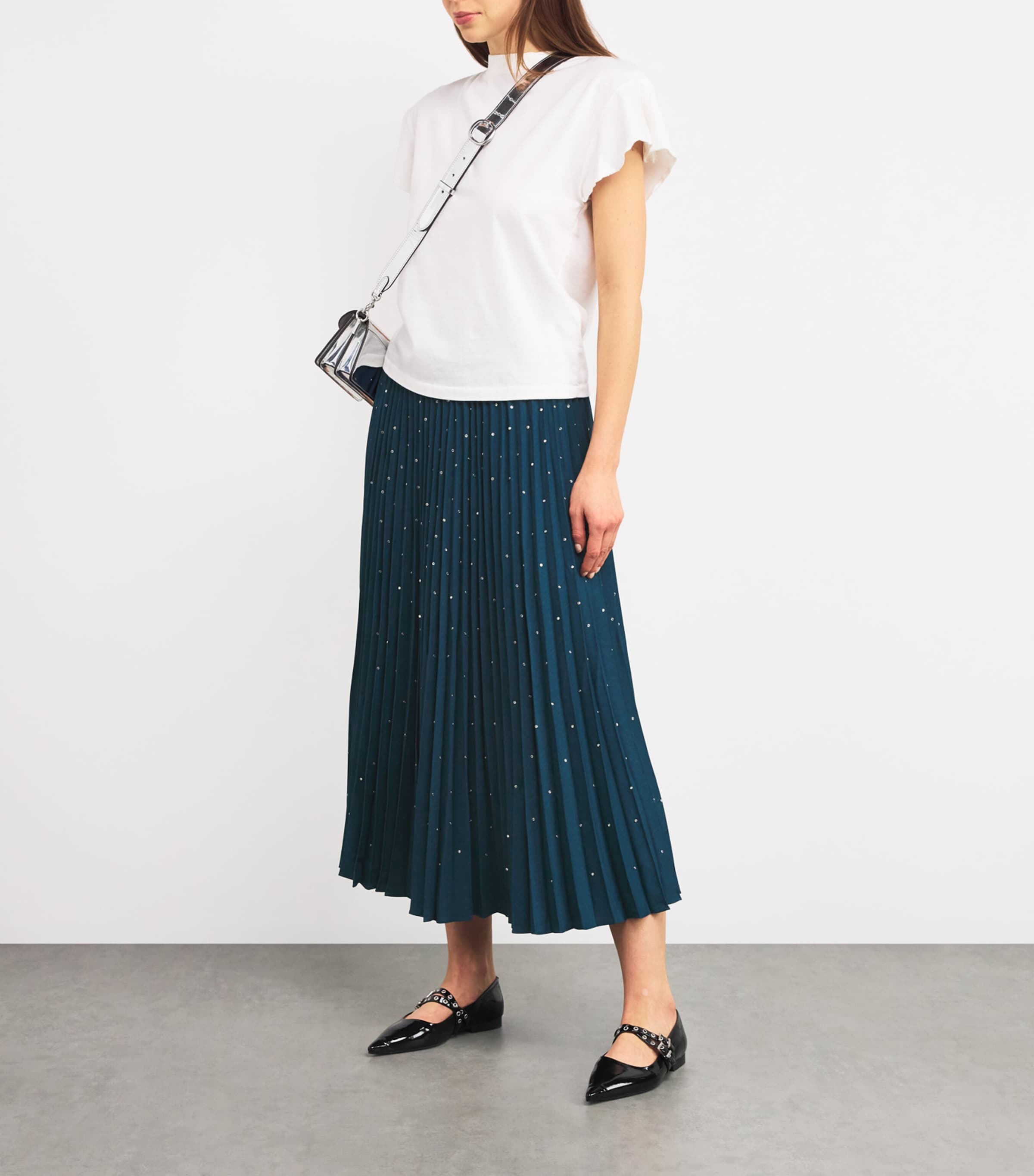 Blue Rhinestone Pleated Midi Skirt