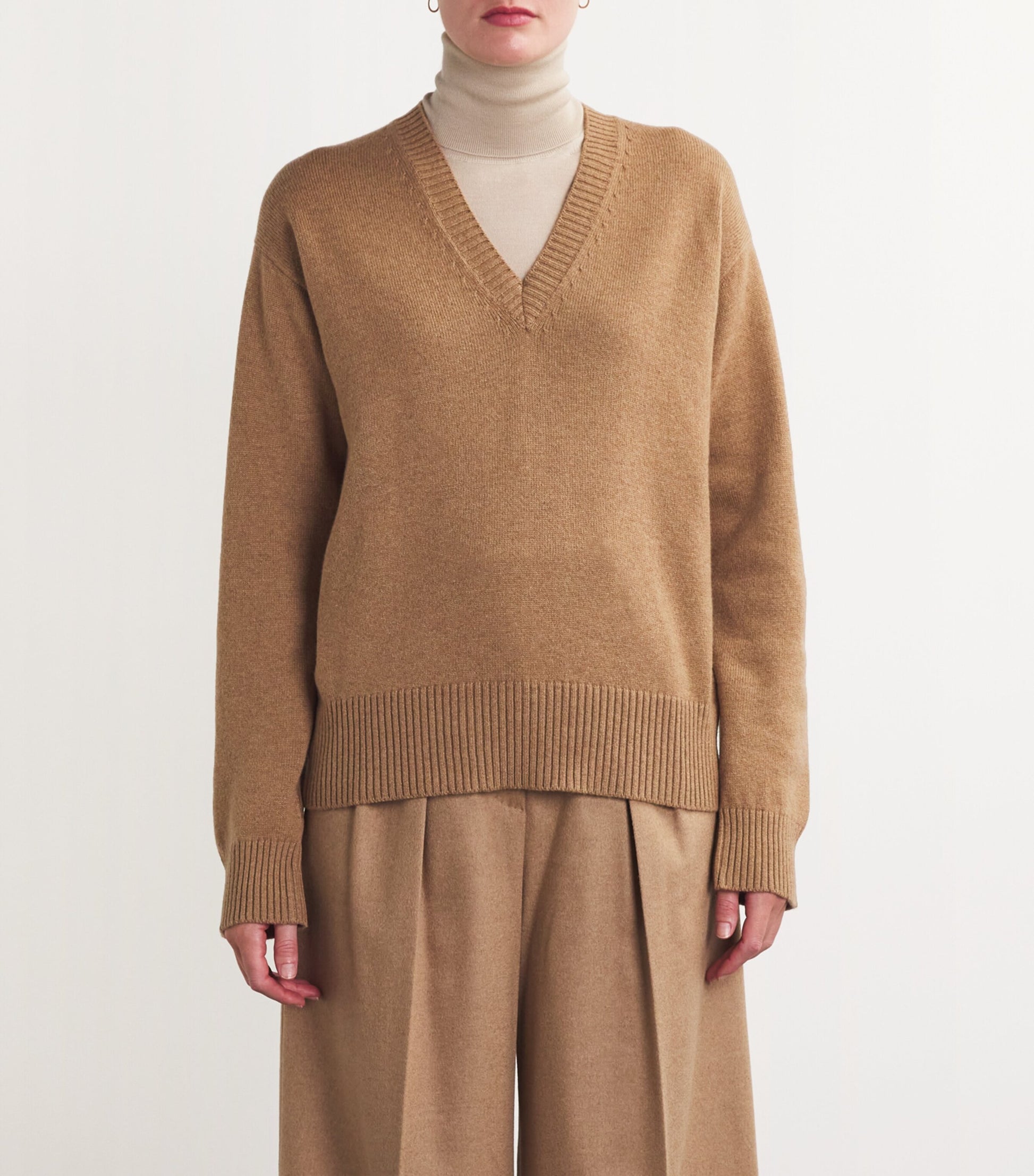 Beige Cashmere V-Neck Sweater