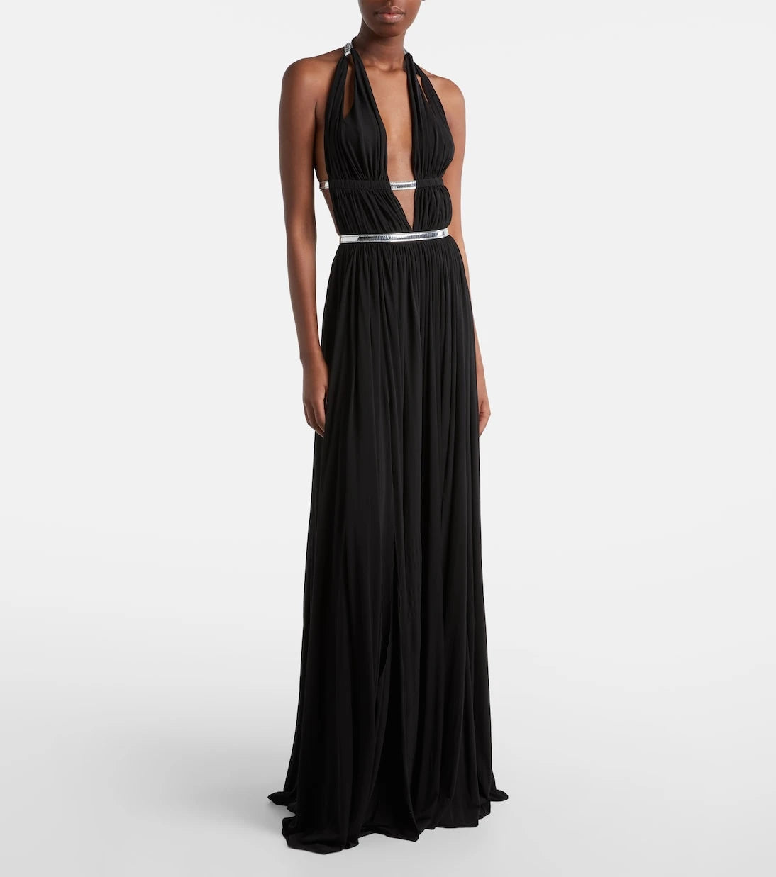 Alaïa - فستان بتصميم انسيابي مزين بالجلد