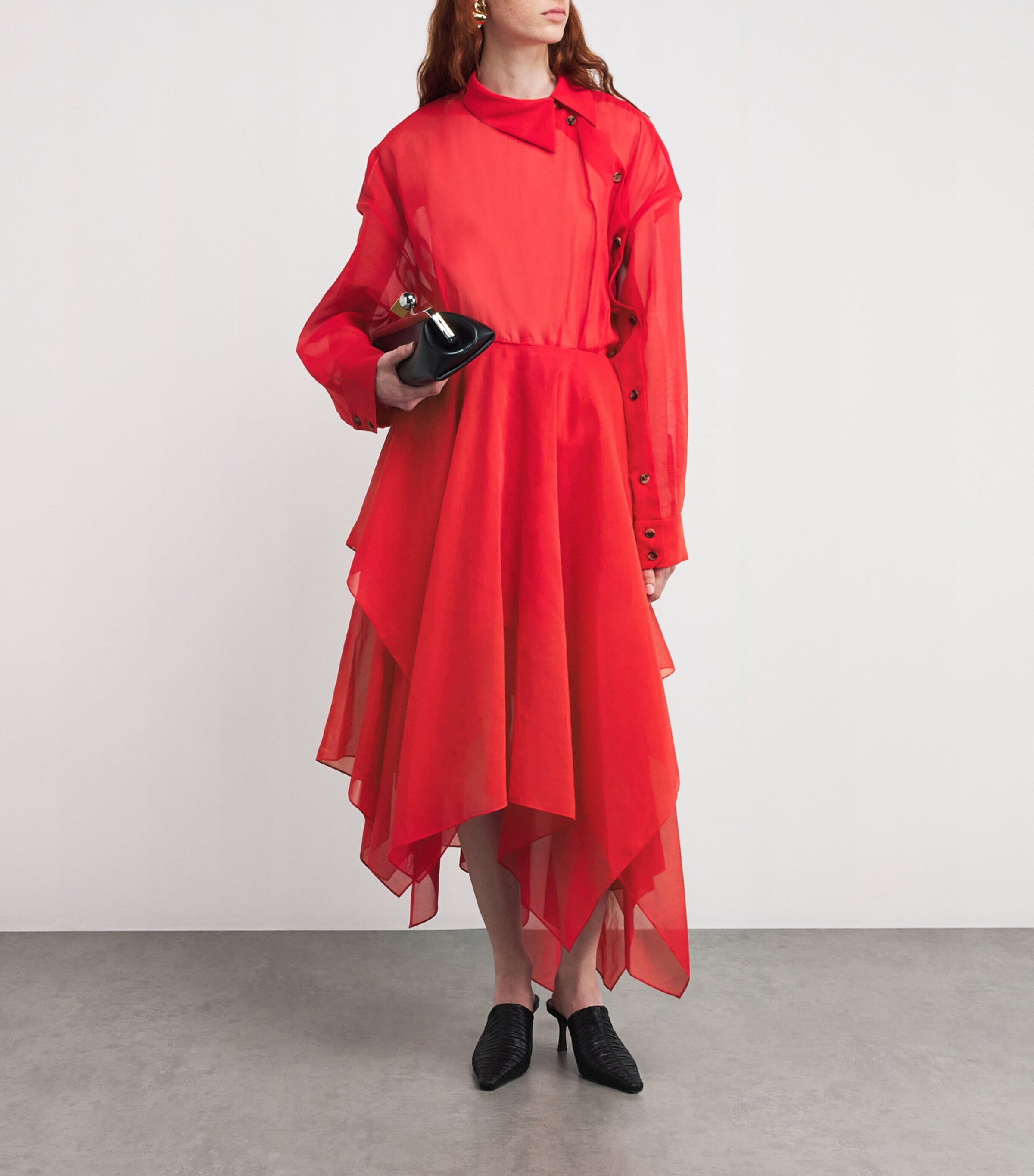 A.W.A.K.E. Mode Red Silk Organza Shirt Midi Dress