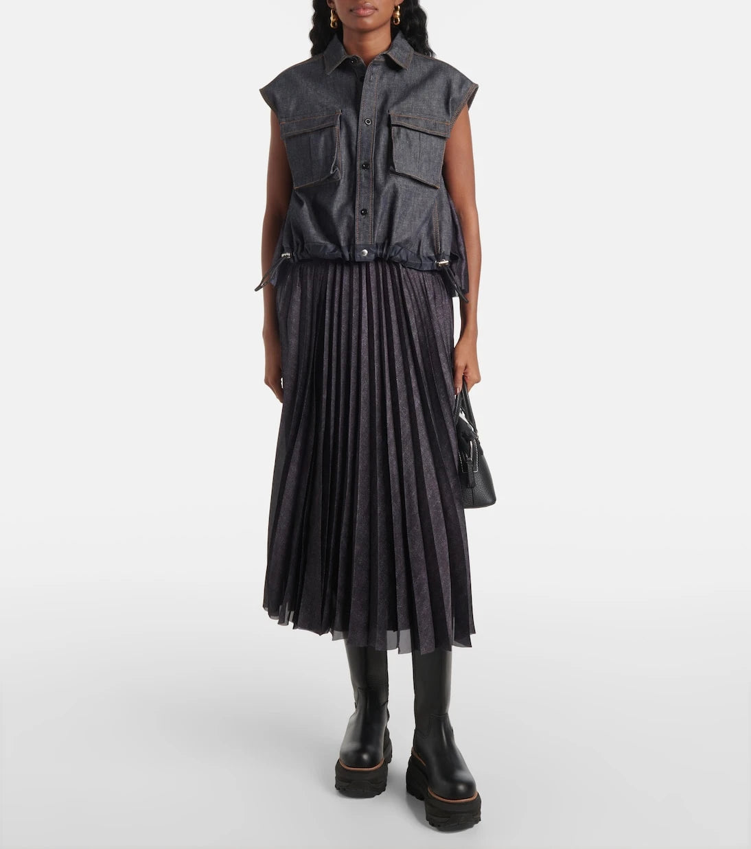 Sacai - Denim pleated midi skirt