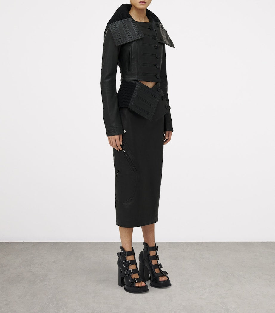 Black Exaggerated Buttonhole Leather Jacket