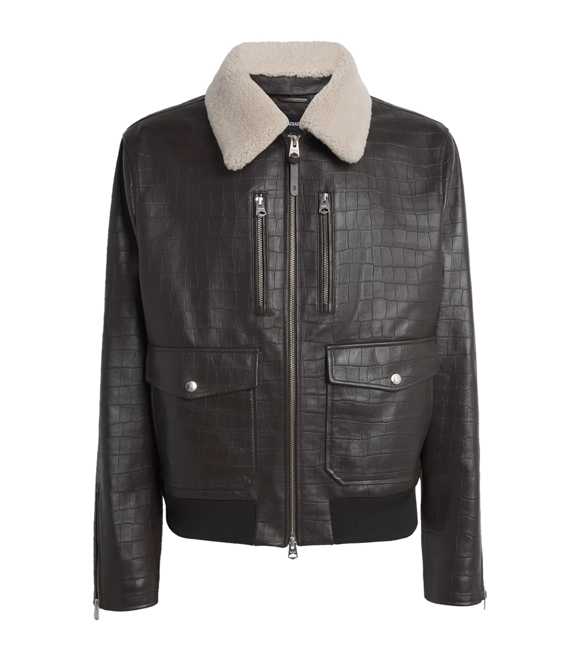 Mackage Brown Embossed-Leather Chance-NV Bomber Jacket