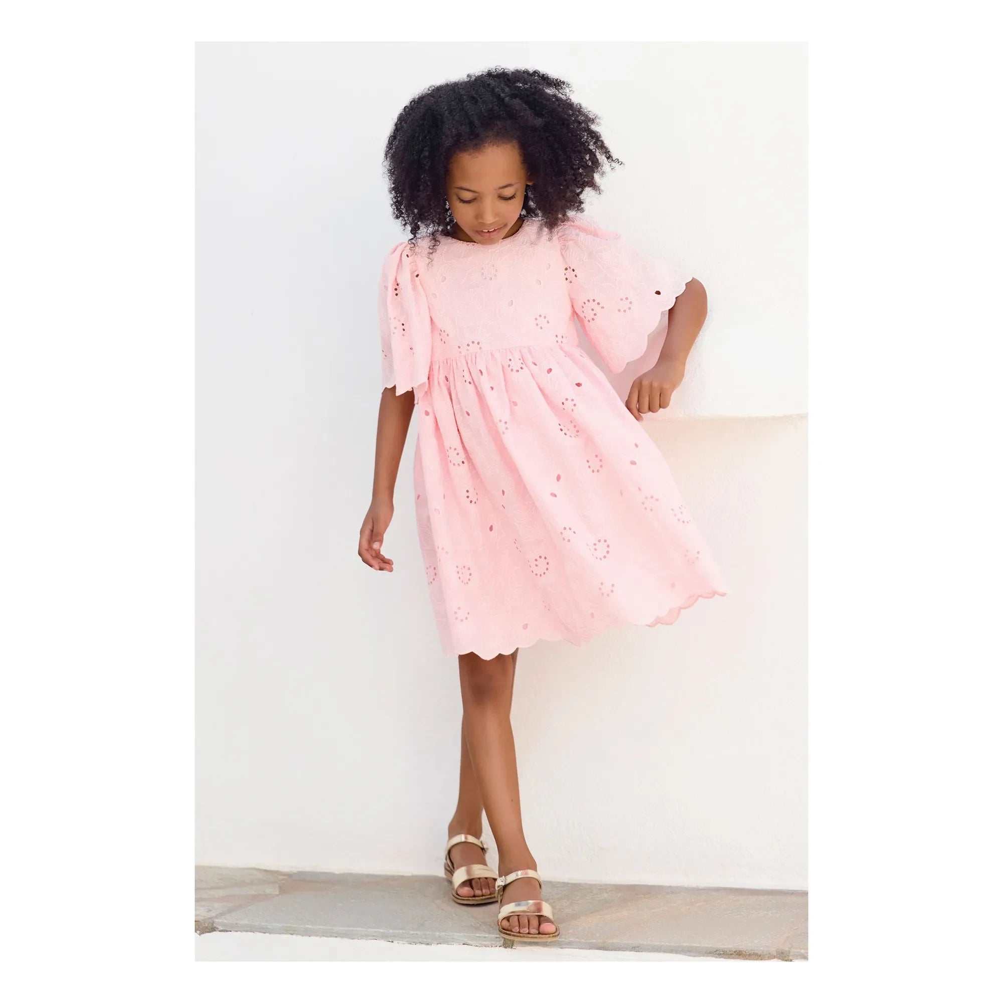 Tartine et Chocolat - Flower Embroidered Puff Sleeve Dress | Powder pink