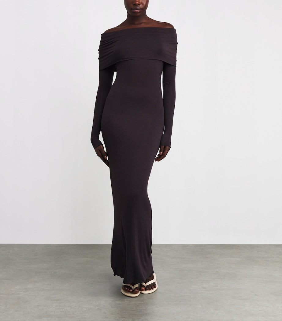 Skims Burgundy Sheer Modal Off-The-Shoulder Maxi Dress