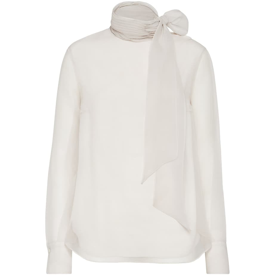 Brunello Cucinelli Beige Silk Pussybow Long-Sleeve Top