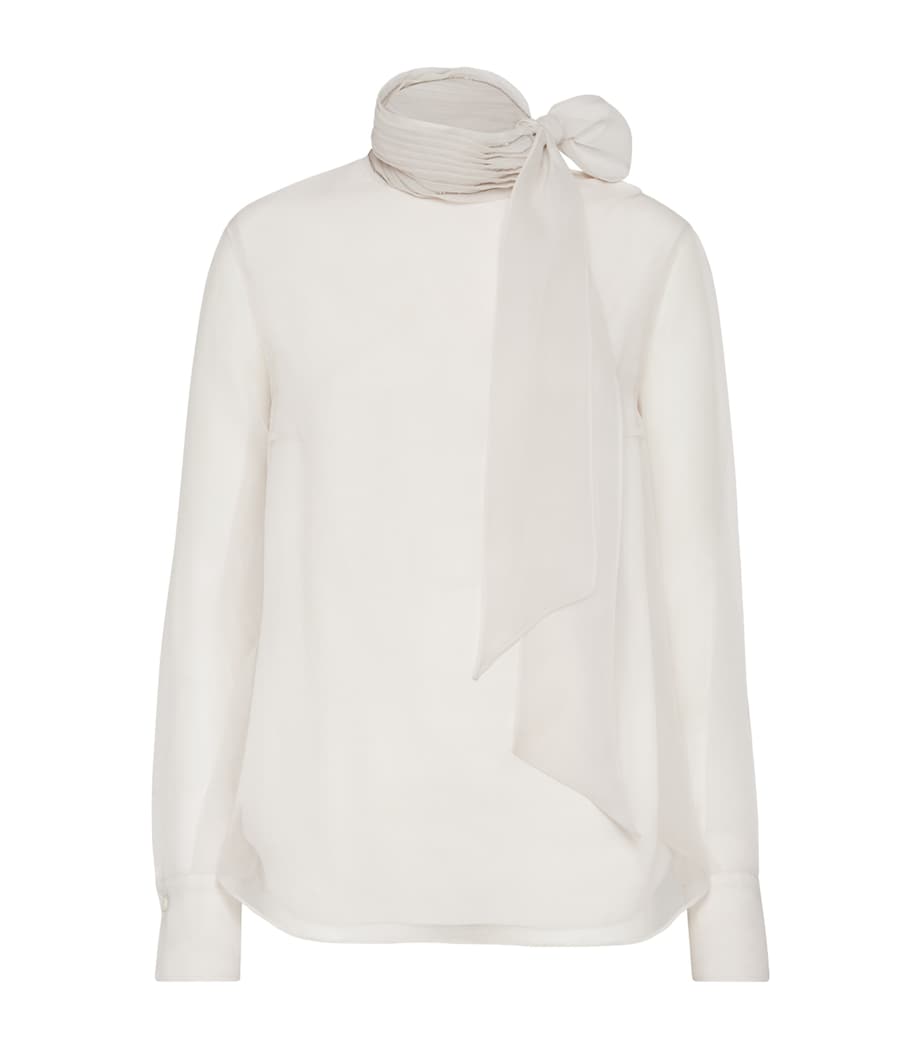 Brunello Cucinelli Beige Silk Pussybow Long-Sleeve Top