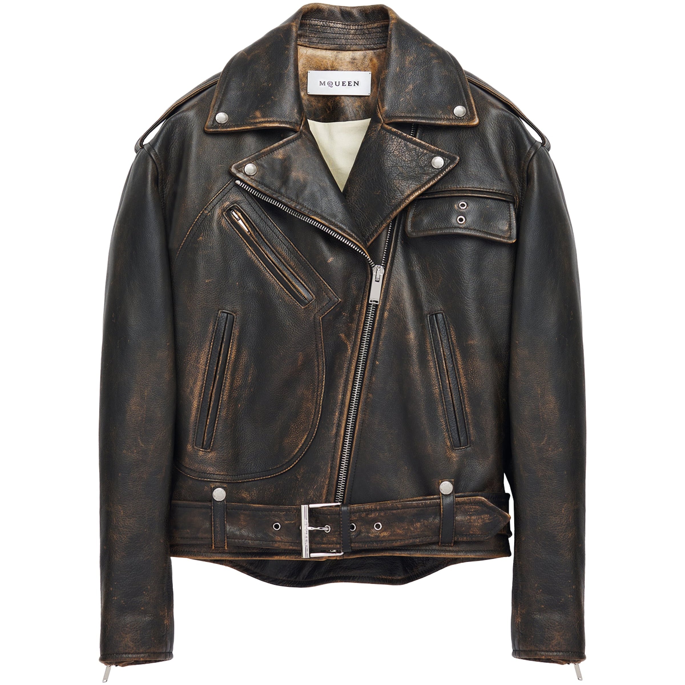 McQueen Brown Oversized Belted Leather Jacket