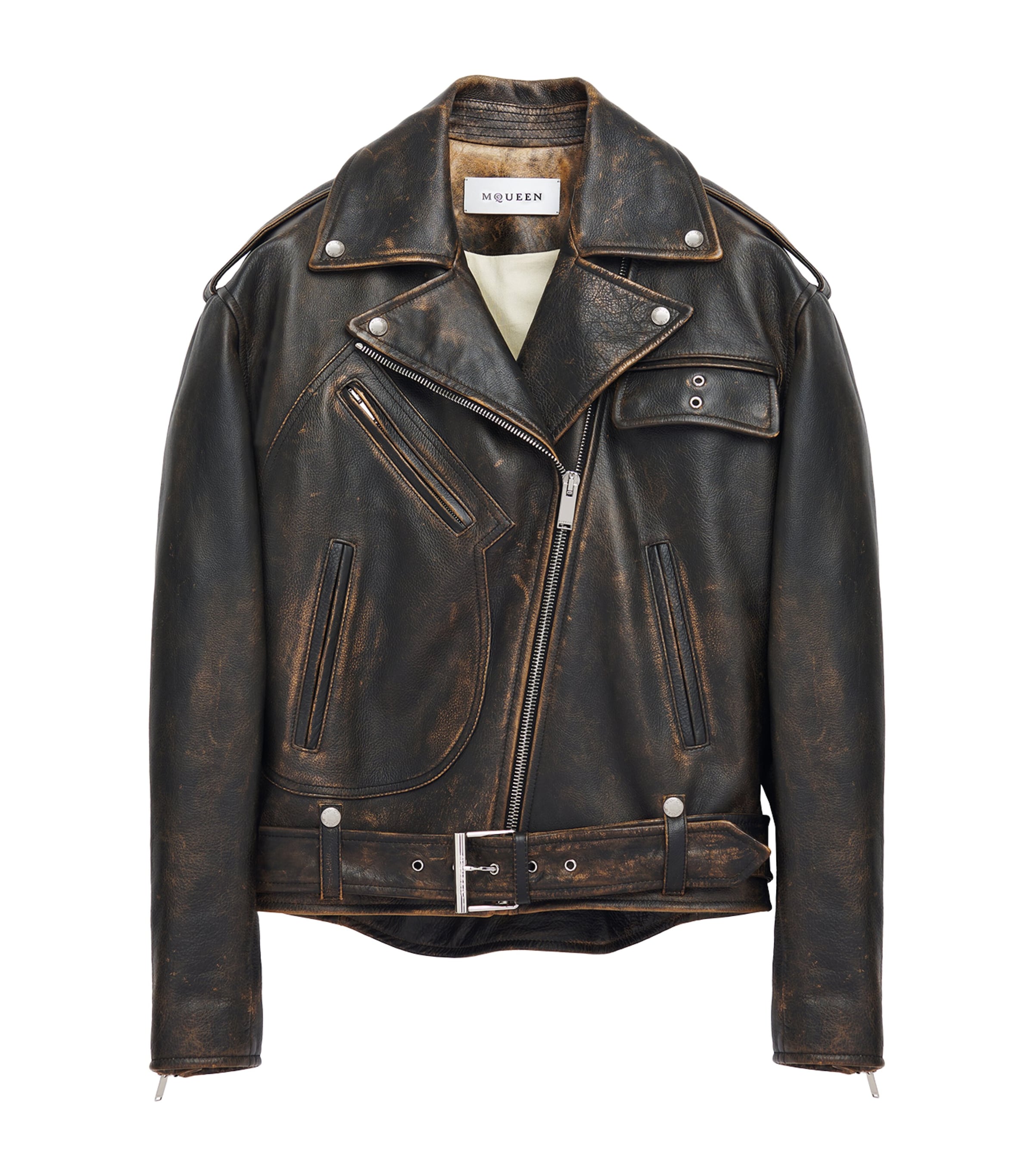McQueen Brown Oversized Belted Leather Jacket