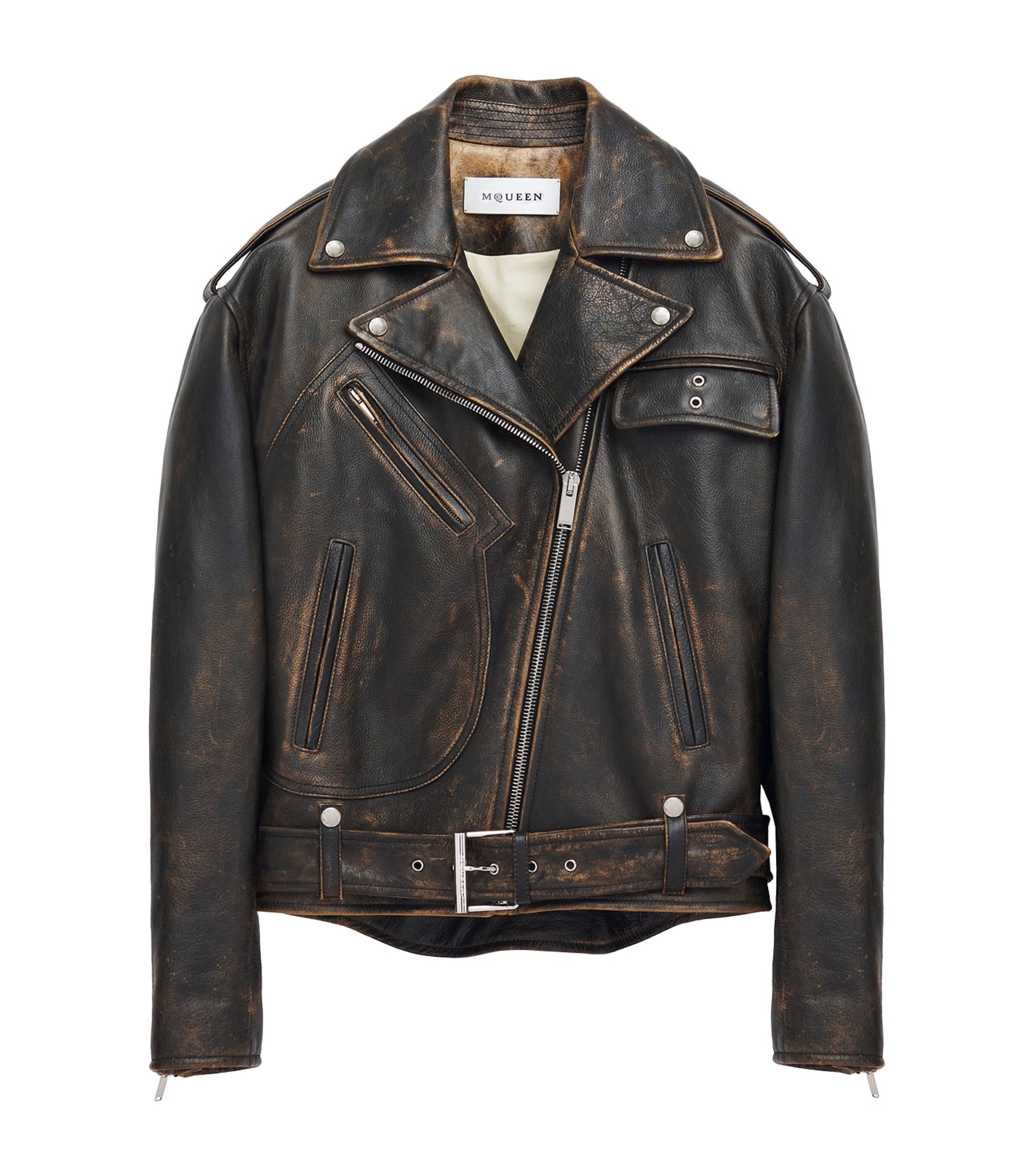 McQueen Brown Oversized Belted Leather Jacket