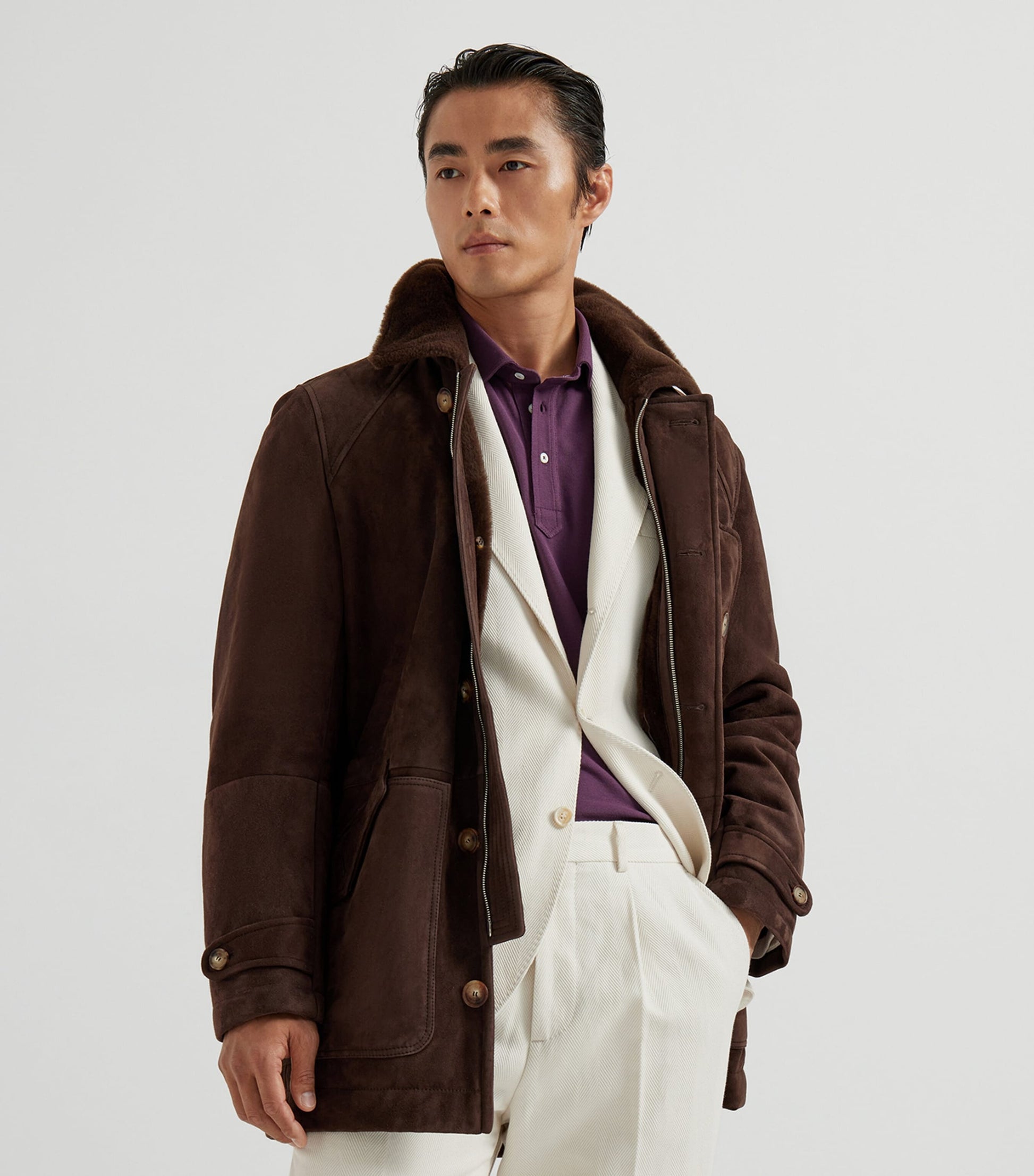 Brown Suede-Shearling Pea Coat