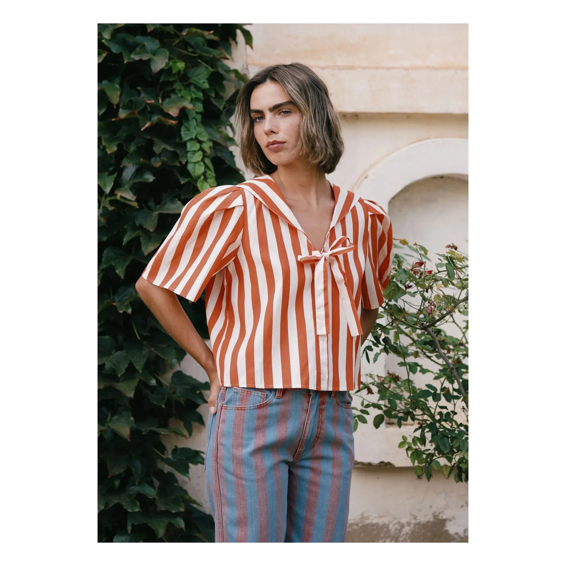 The Tiny Big Sister - Sailor Stripes Linen and Cotton Blouse  | Red
