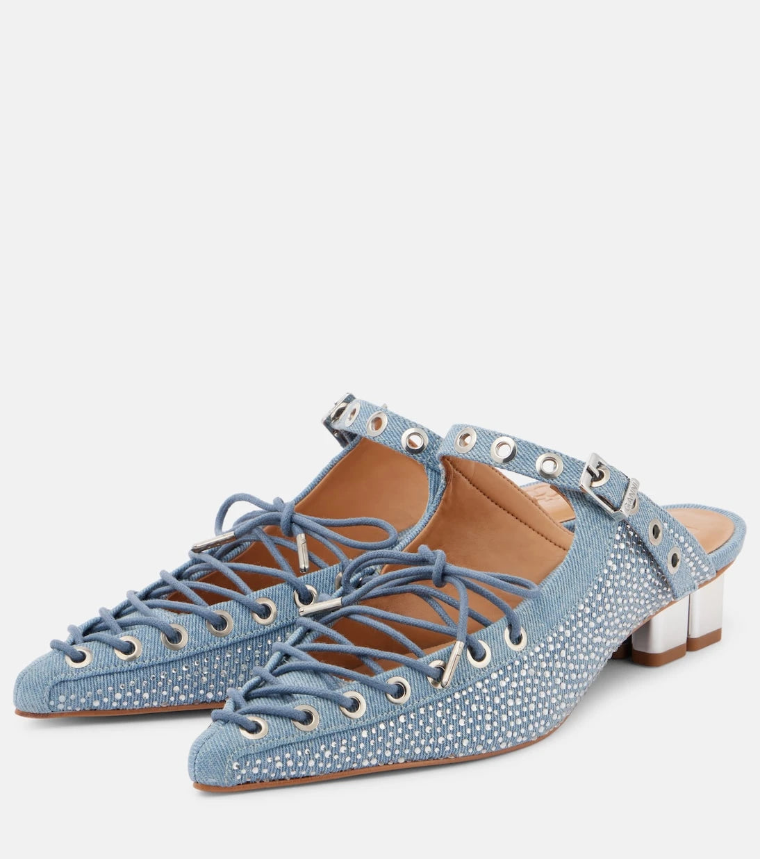 Ganni - Embellished lace-up denim mules