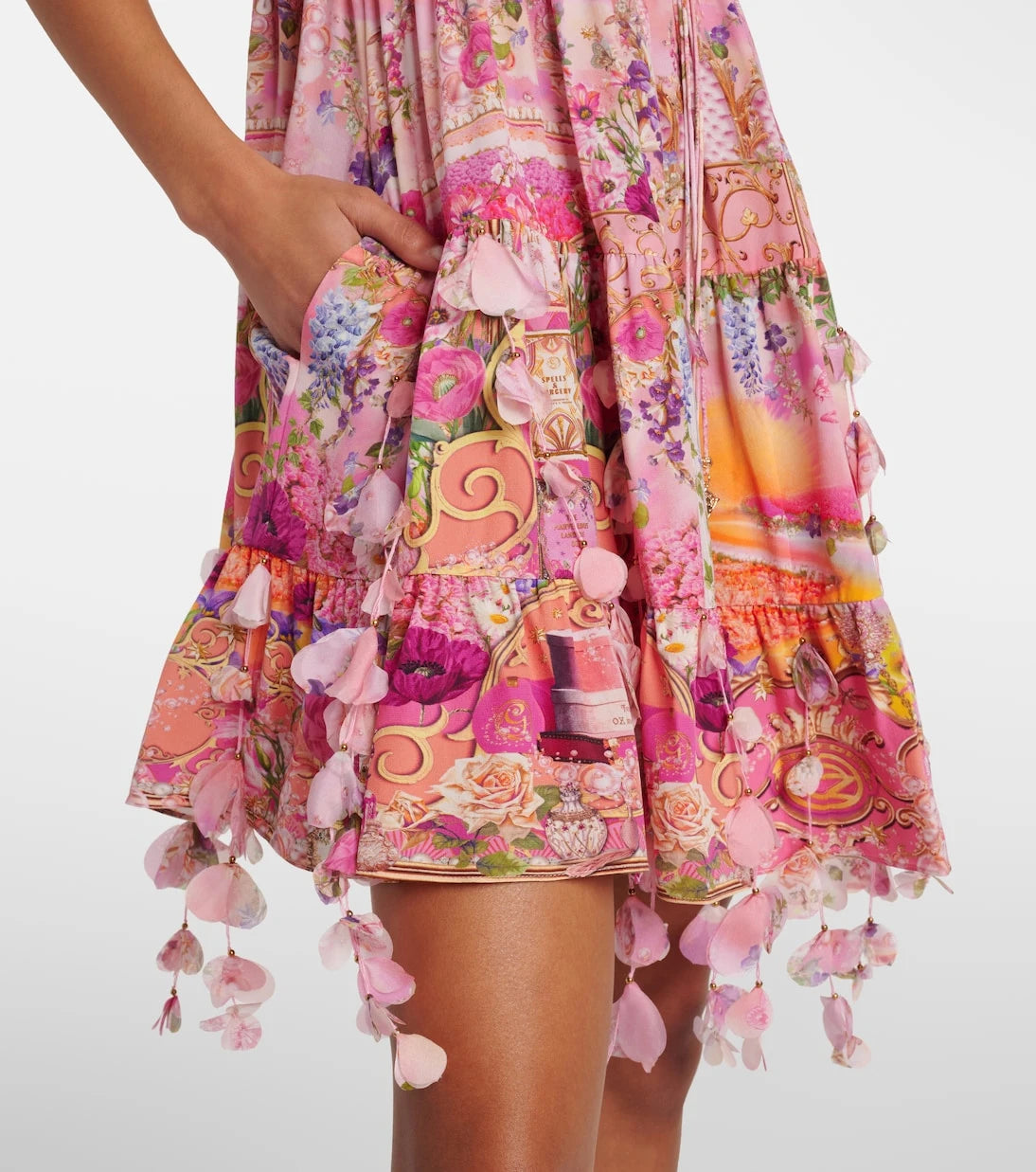 Camilla - Floral-appliqué gathered silk crêpe minidress