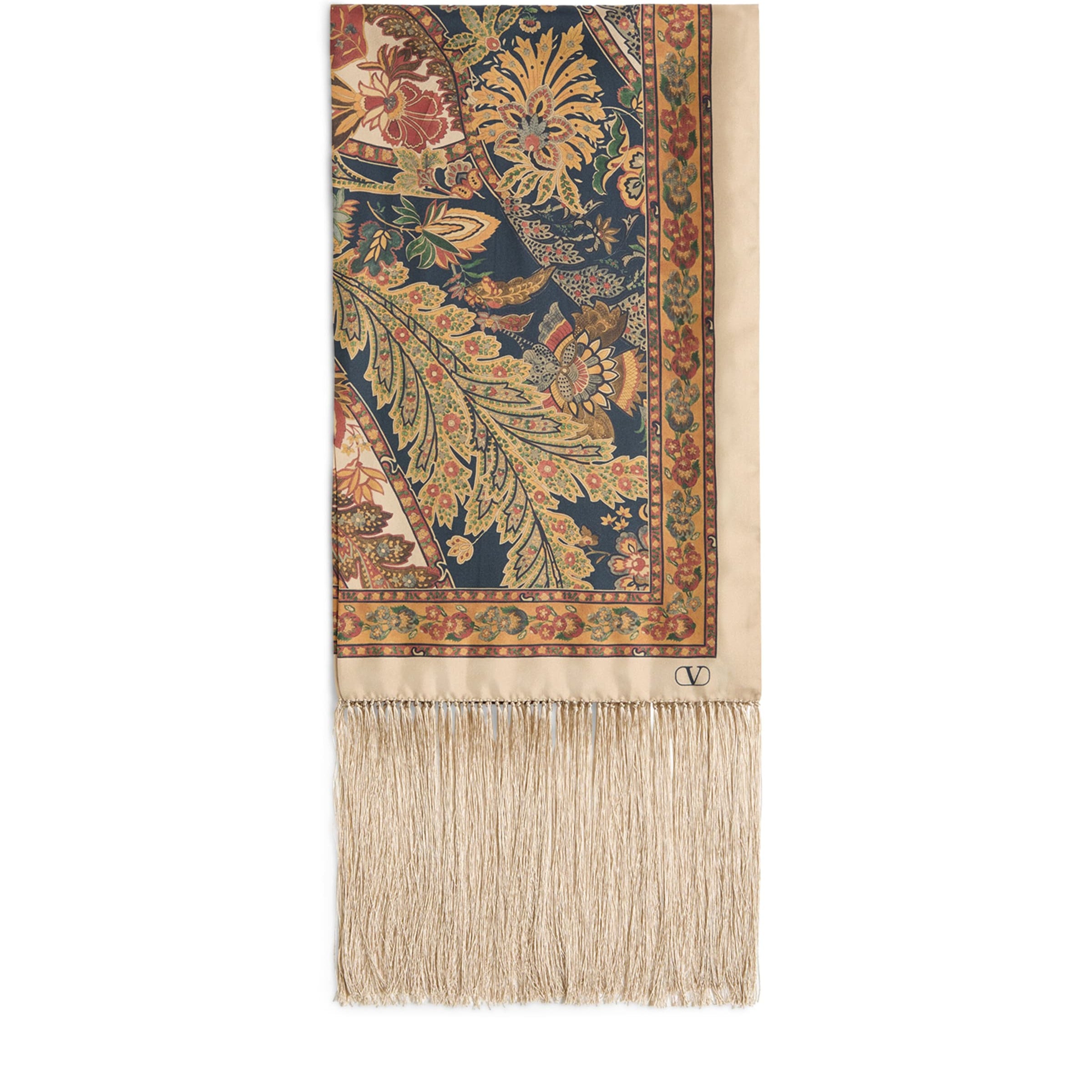 Valentino Garavani Navy Silk Fringed Printed Scarf