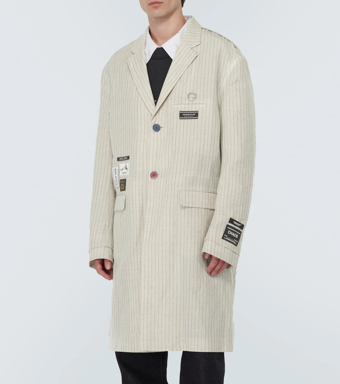 Undercover - Appliqué pinstripe wool and linen coat