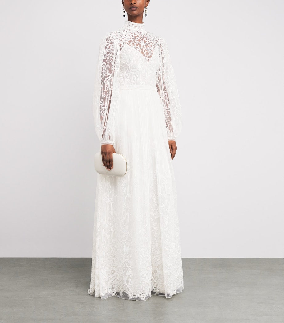 White Tulle Embroidered High-Neck Gown