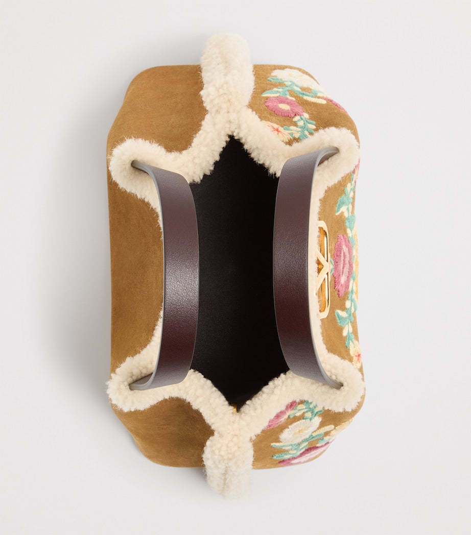 Valentino Garavani Beige Small Suede Floral Tote Bag