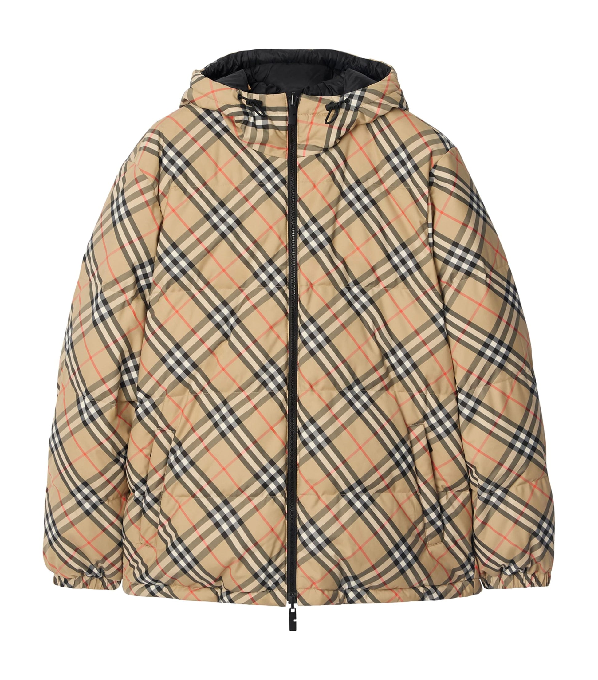 Beige Down Reversible Check Puffer Jacket