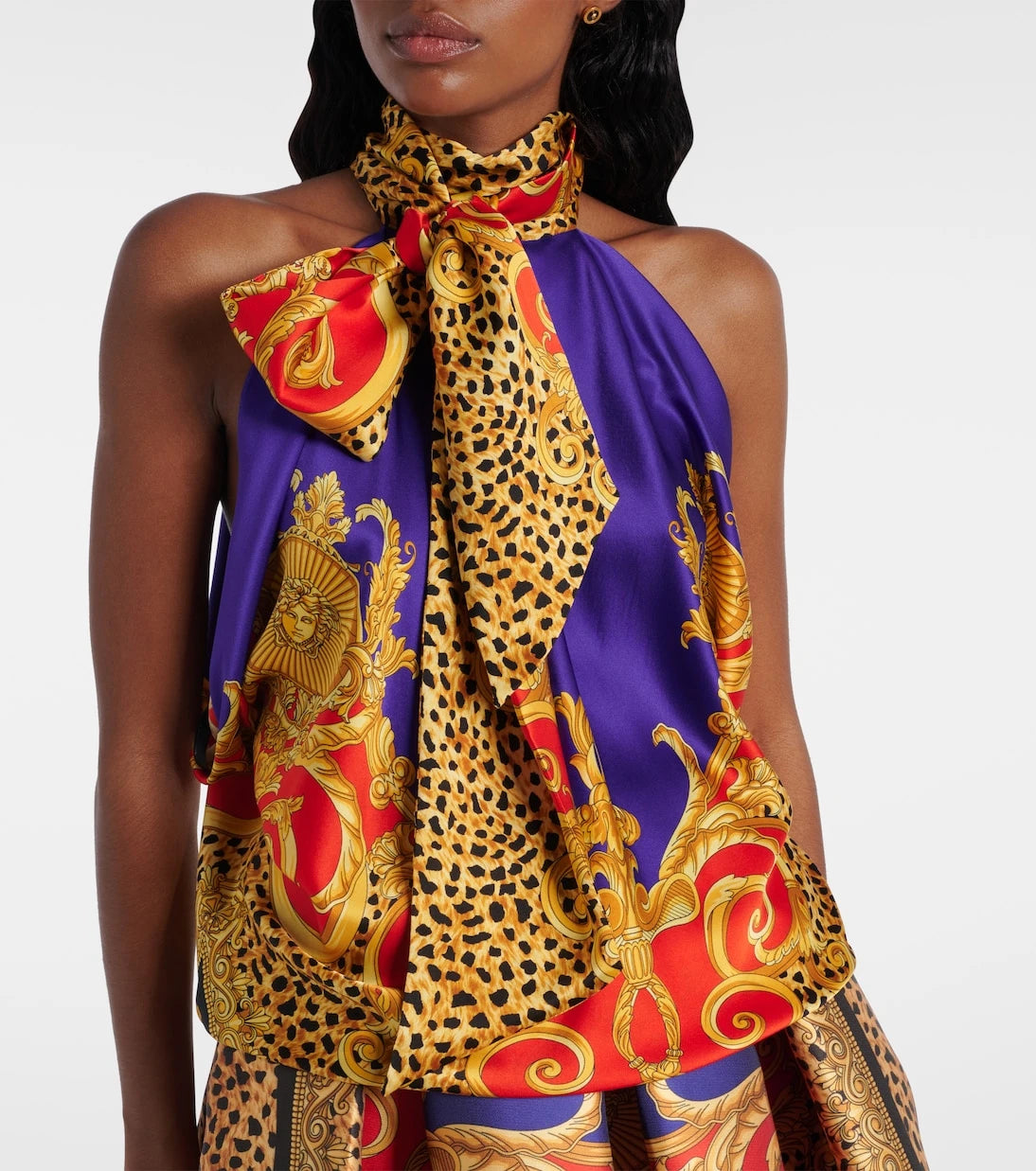 Versace - Fiyonk detaylı, baskılı ipek saten üst