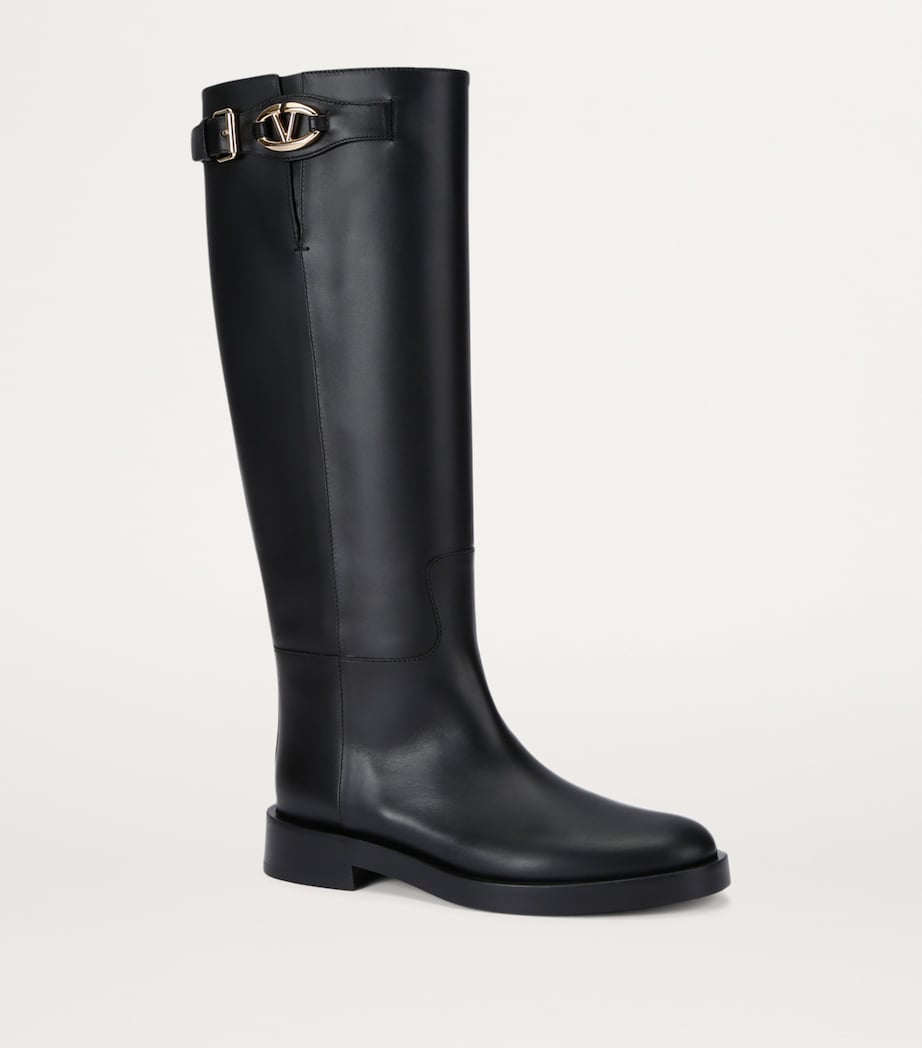 Valentino Garavani Black Leather VLogo Knee-High Boots 30
