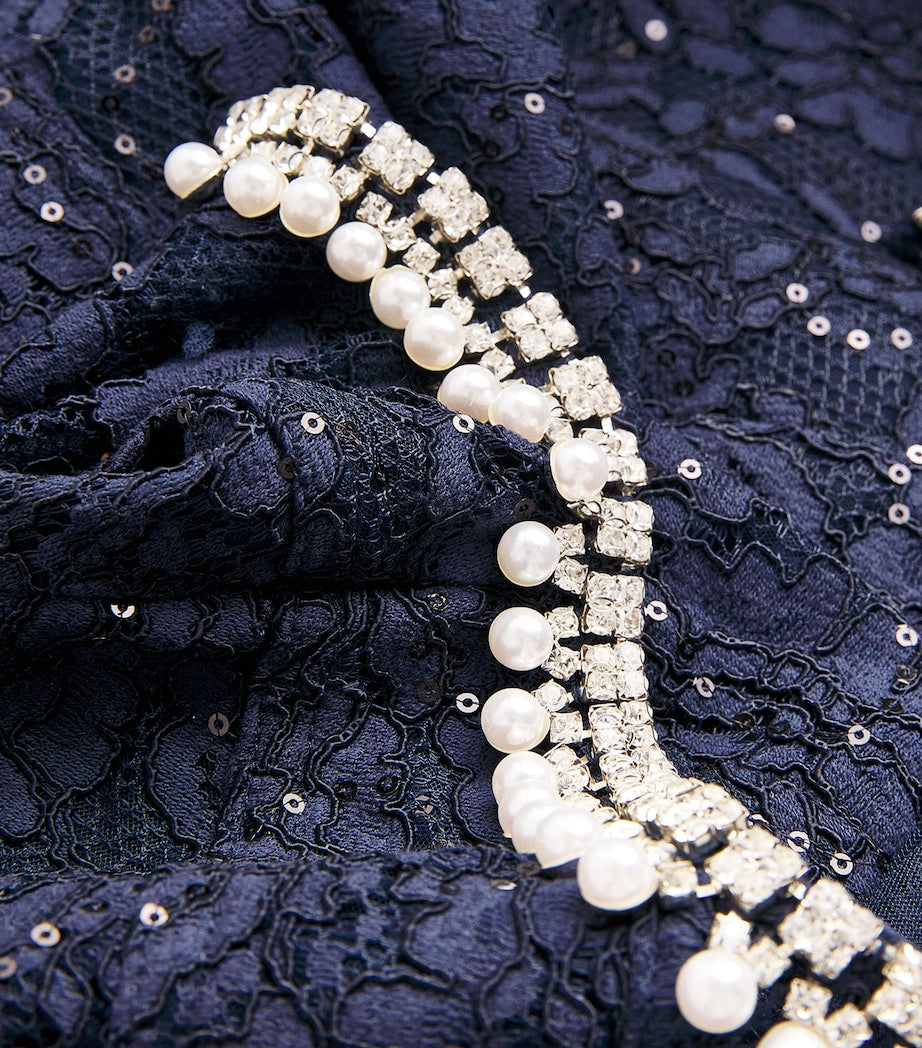 Self-Portrait Navy Sequin-Lace Embellished-Neck Midi Dress