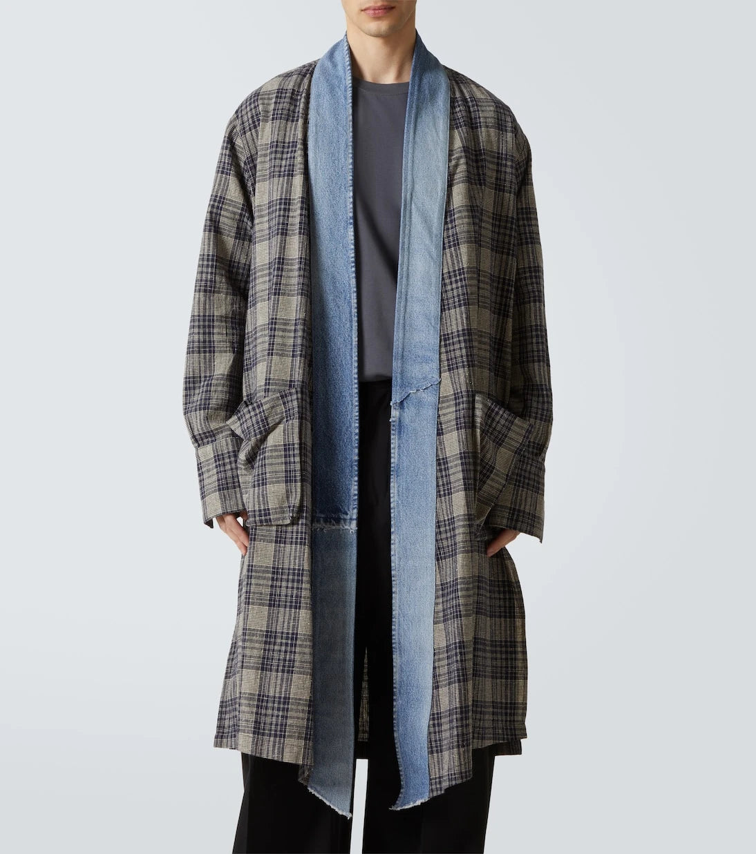 Greg Lauren - Plaid denim-trimmed cotton coat