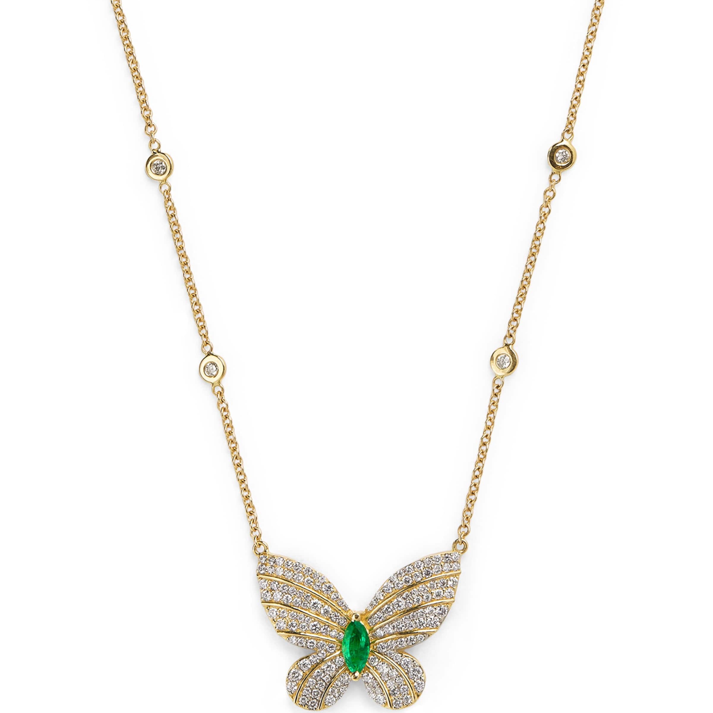 Yellow Gold, Diamond and Emerald Butterfly Necklace