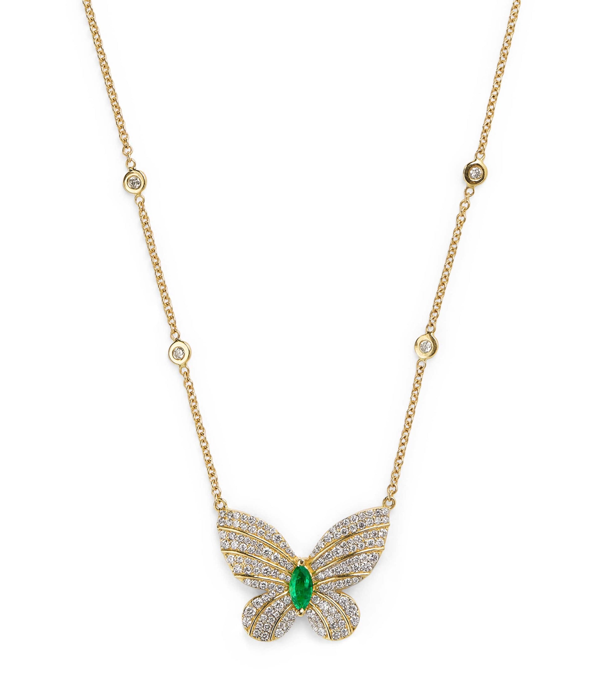 Yellow Gold, Diamond and Emerald Butterfly Necklace