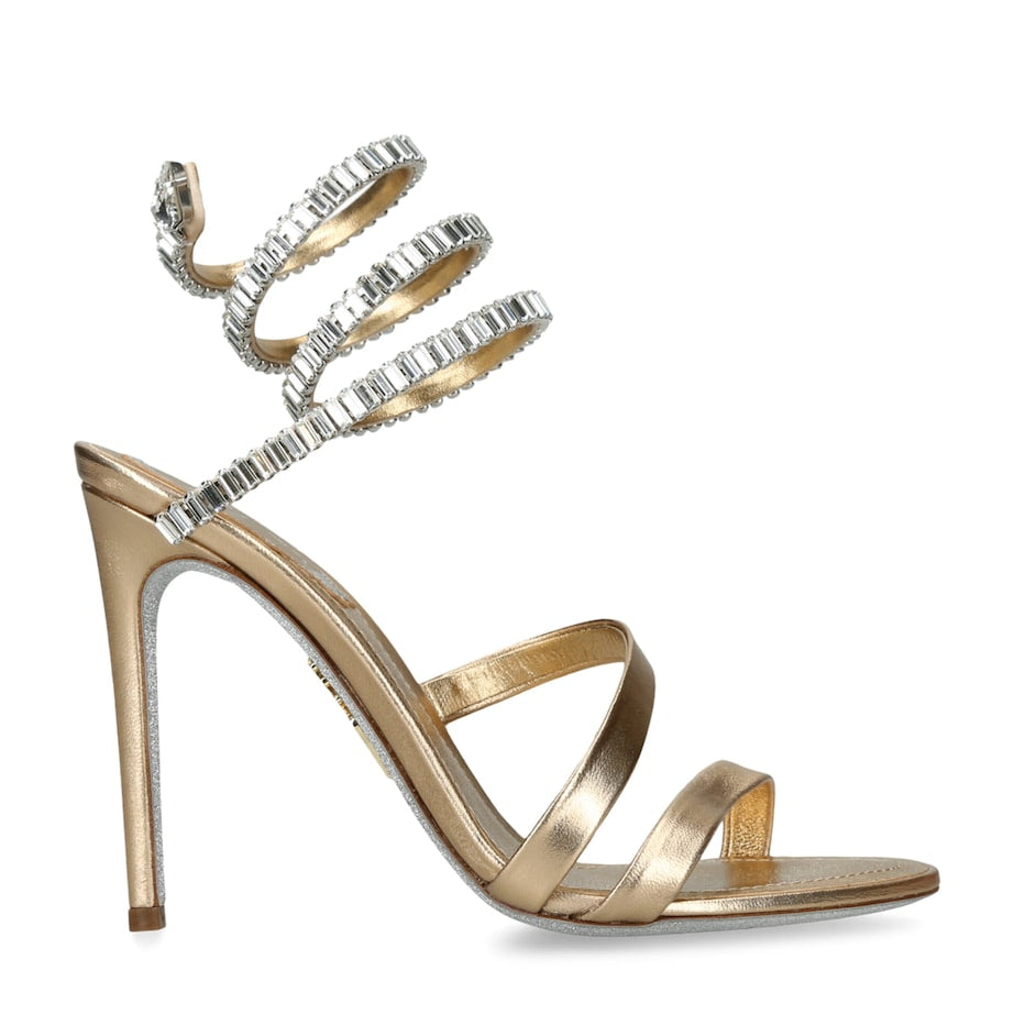 René Caovilla Gold Leather Embellished Crystal Sandals 105