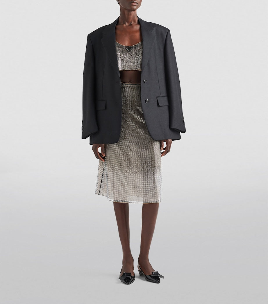 Metallic Rhinestone-Embroidered Mesh Top