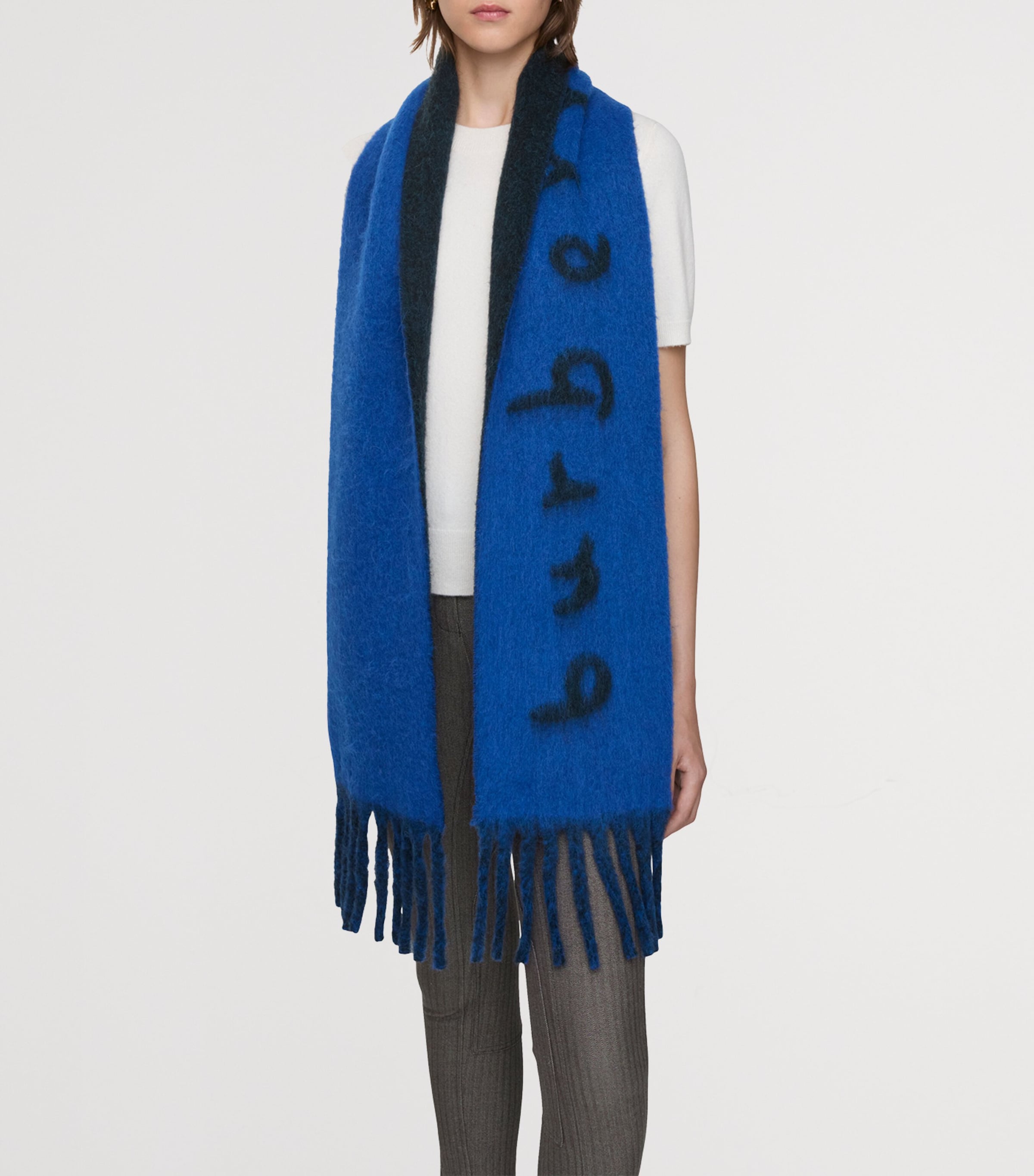 Blue Alpaca-Blend Reversible Logo Scarf