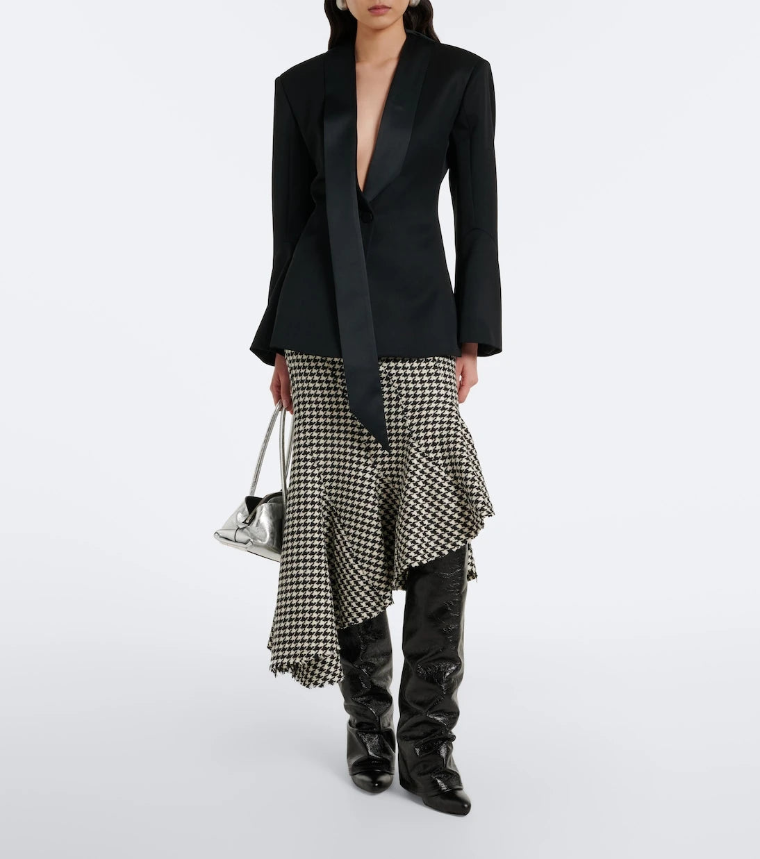 The Attico - Ruffled houndstooth virgin wool midi skirt