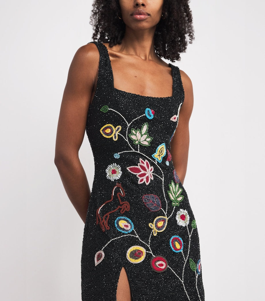 STAUD Black Beaded Floral Le Sable Mini Dress