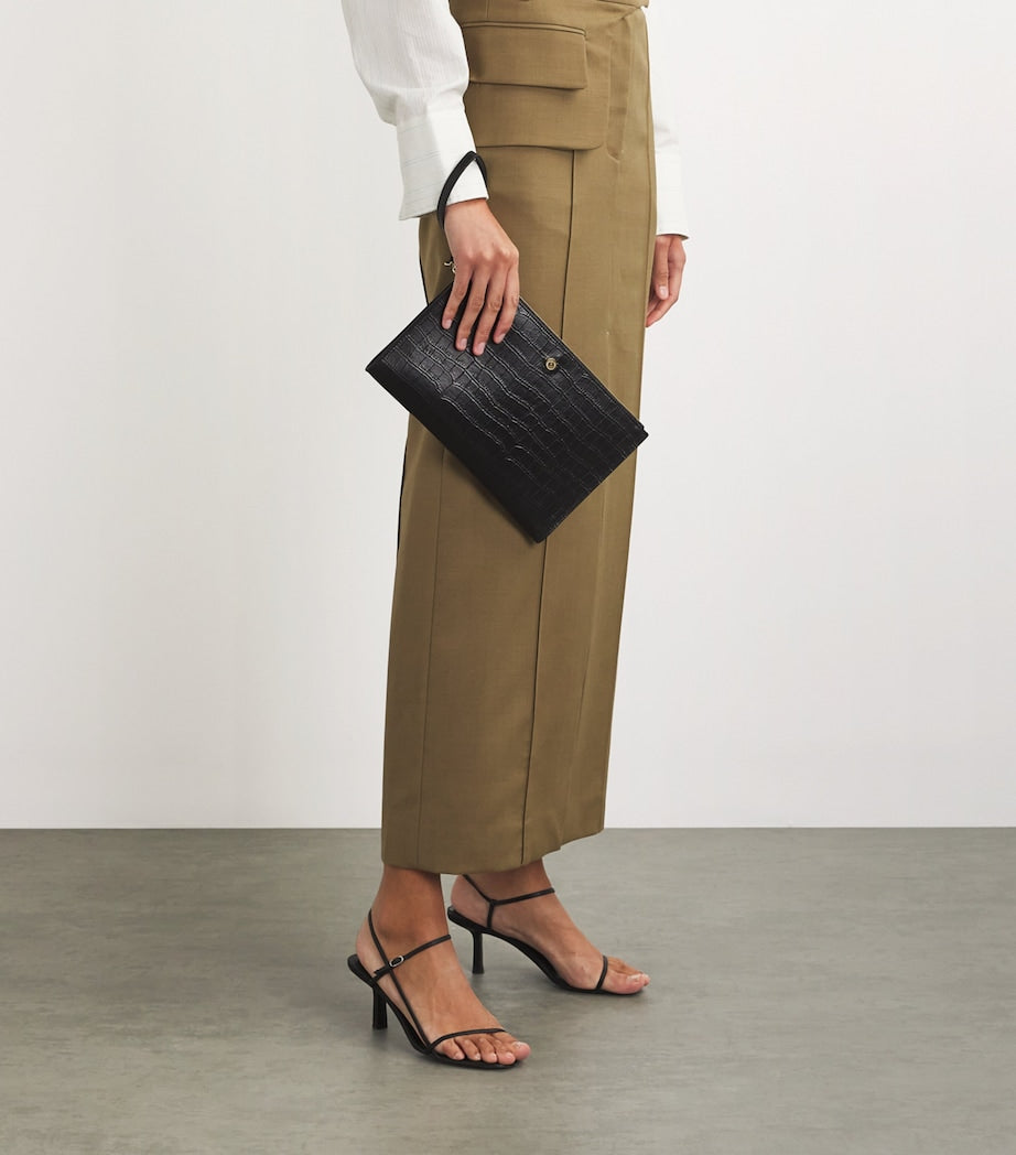 Black Medium Croc-Embossed Leather Pouch