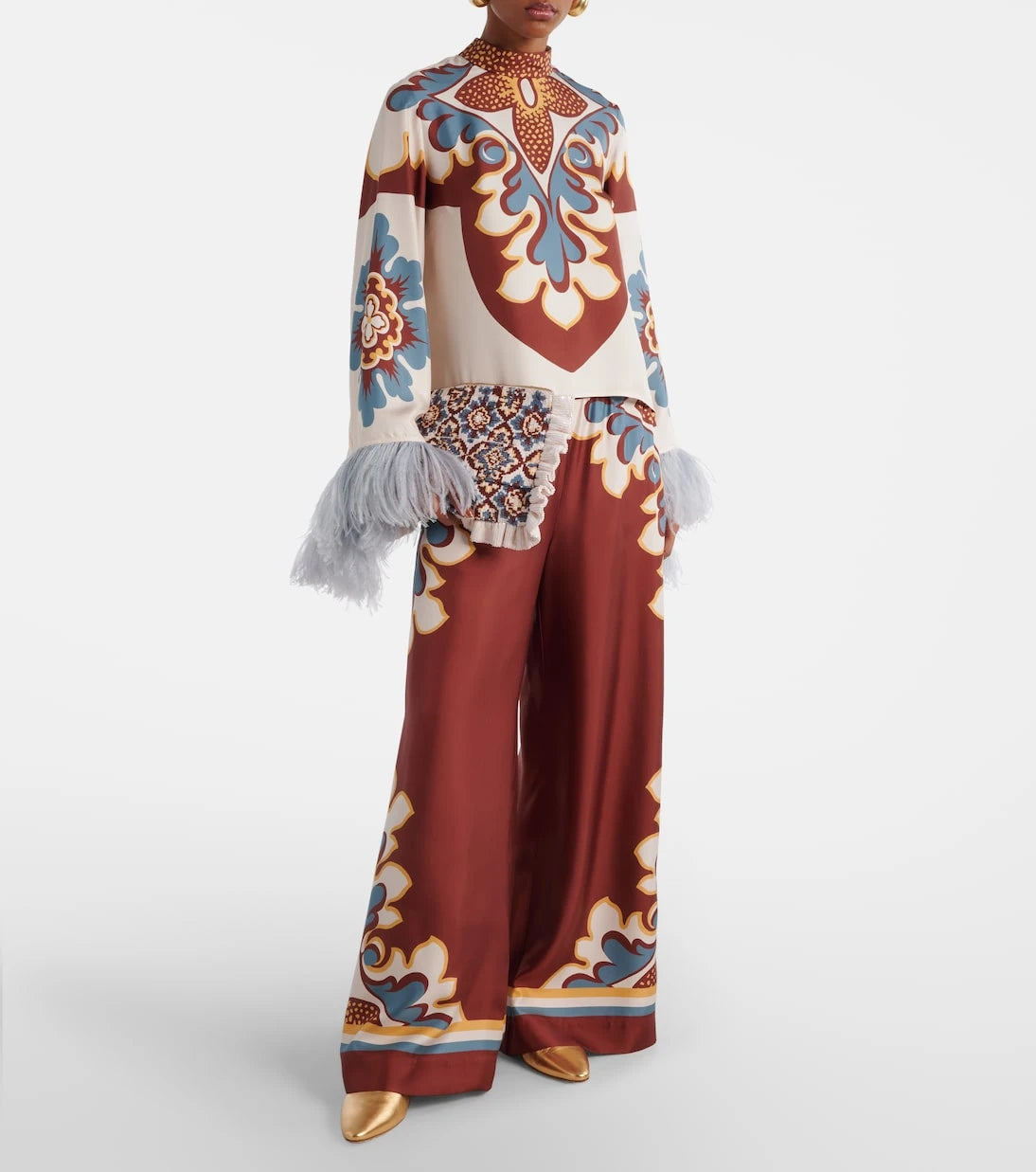 La DoubleJ - Make An Exit feather-trimmed silk top