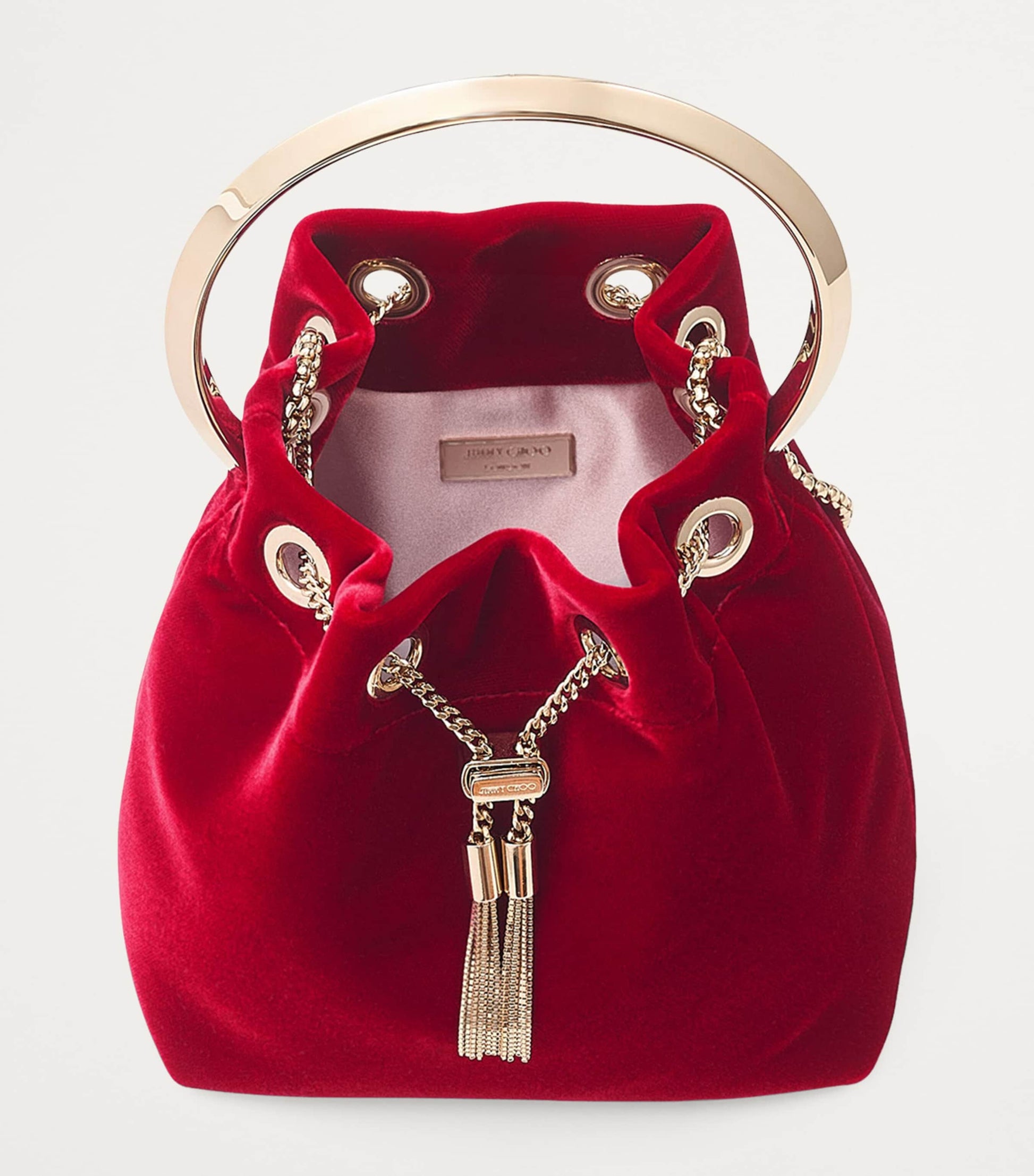 Jimmy Choo Red Bon Bon Velvet Bucket Bag