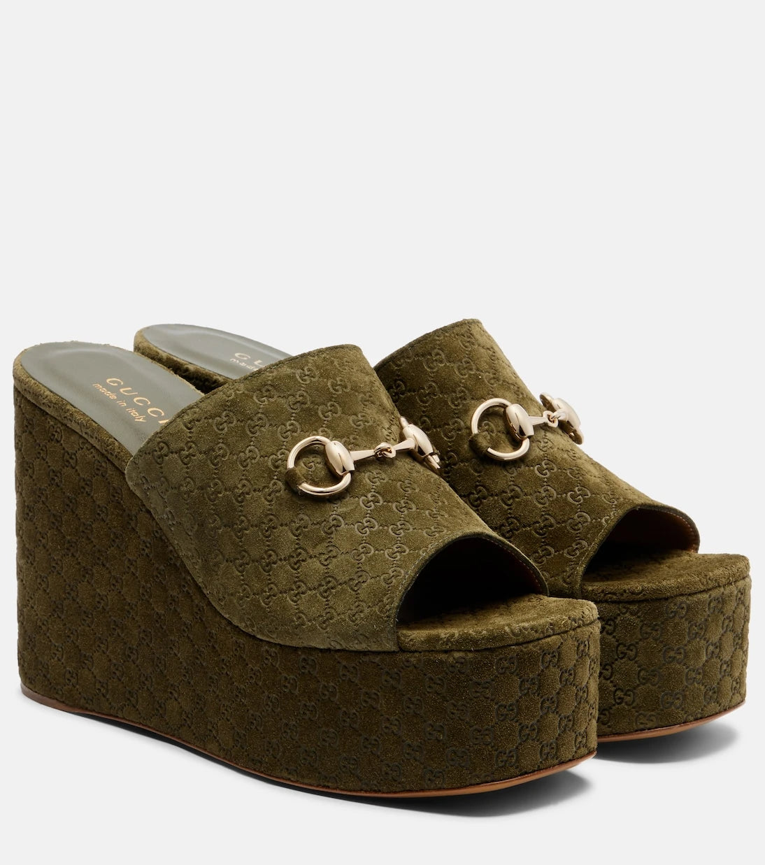 Gucci - Horsebit GG suede wedge mules