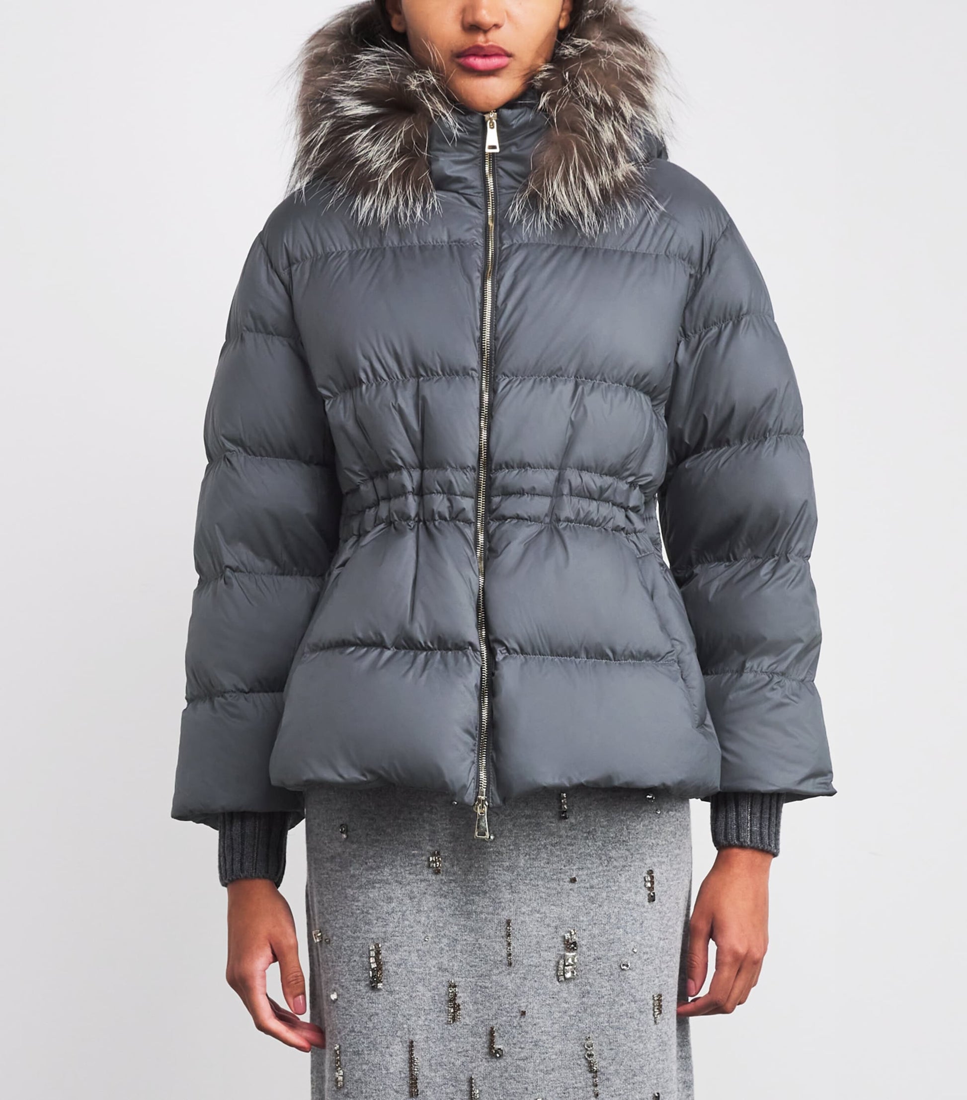 Fabiana Filippi Grey Fox Fur-Trim Puffer Jacket