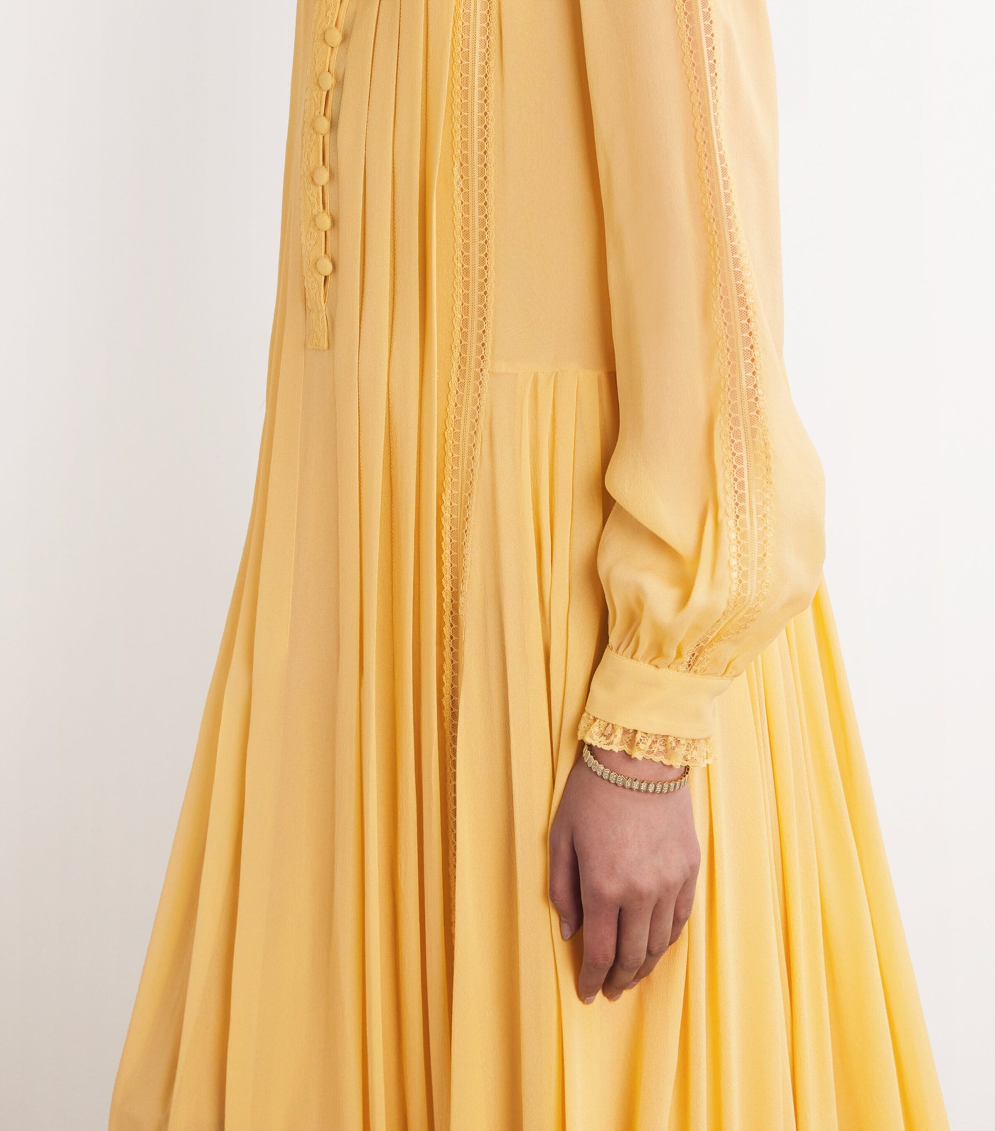 Yellow Silk High-Neck Pleated Gown