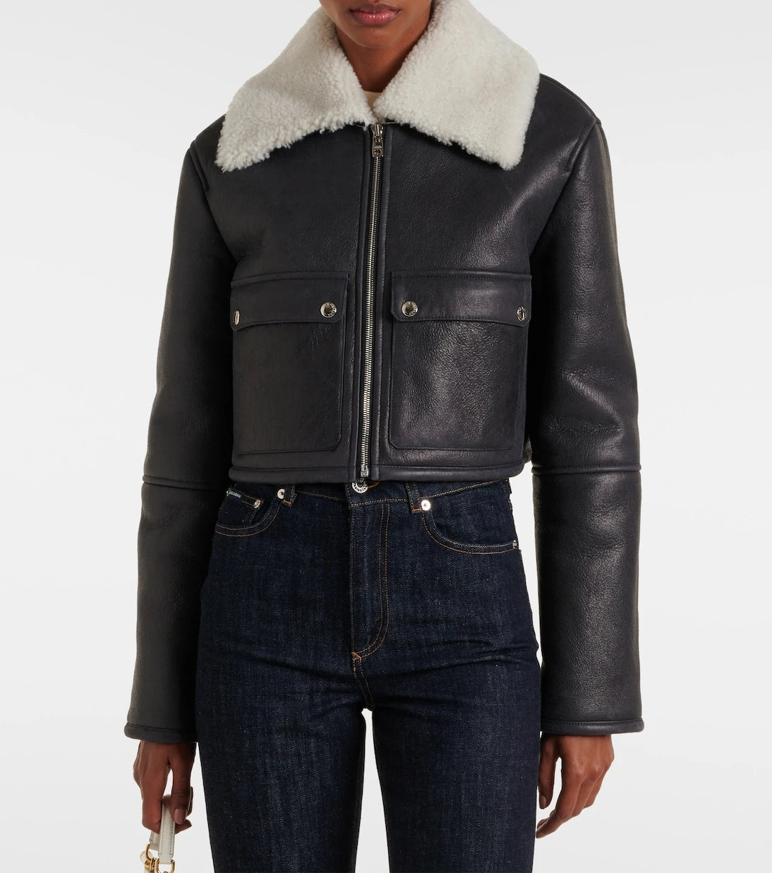 Dolce&Gabbana - Shearling-trimmed cropped leather jacket